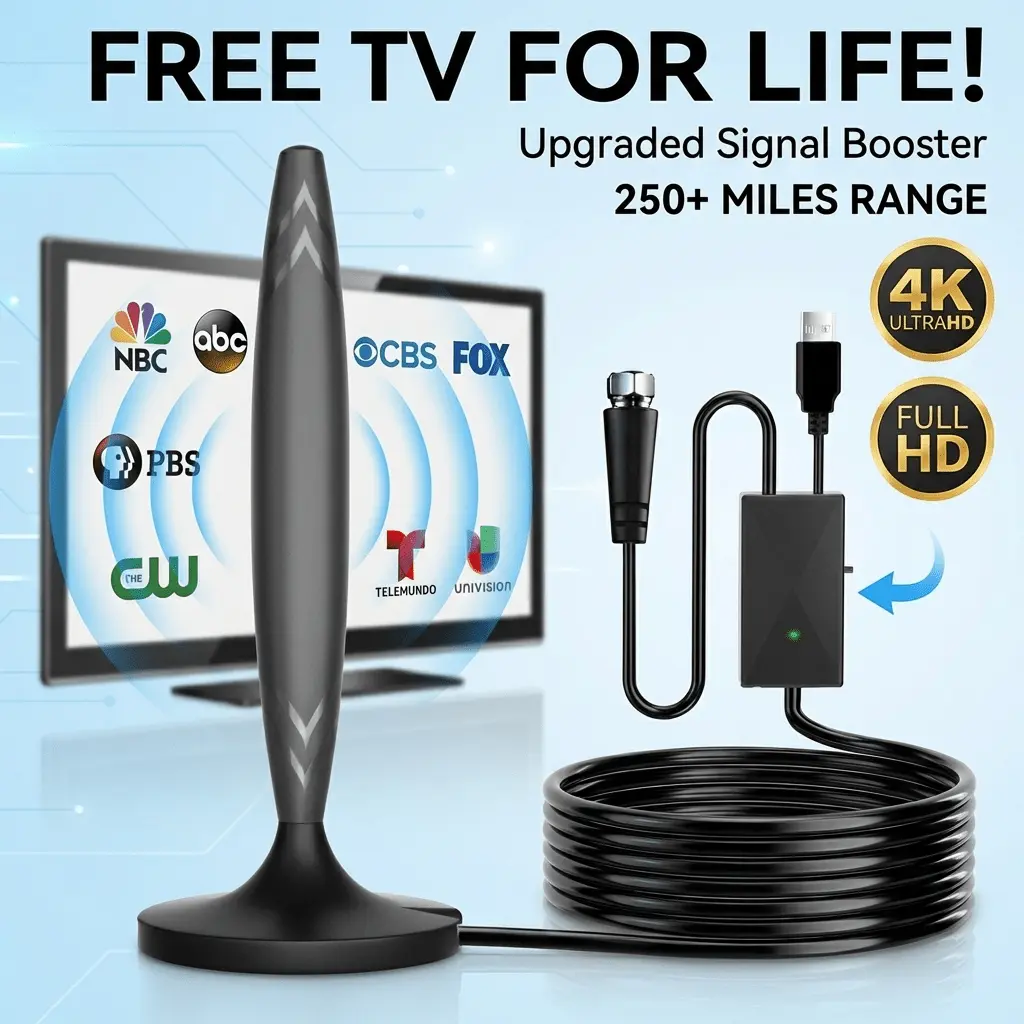 250 miles of 4K high definition TV antenna with USB amplifier, indoor digital antenna, free cable channels, easy to install, compatible with all smart TVs