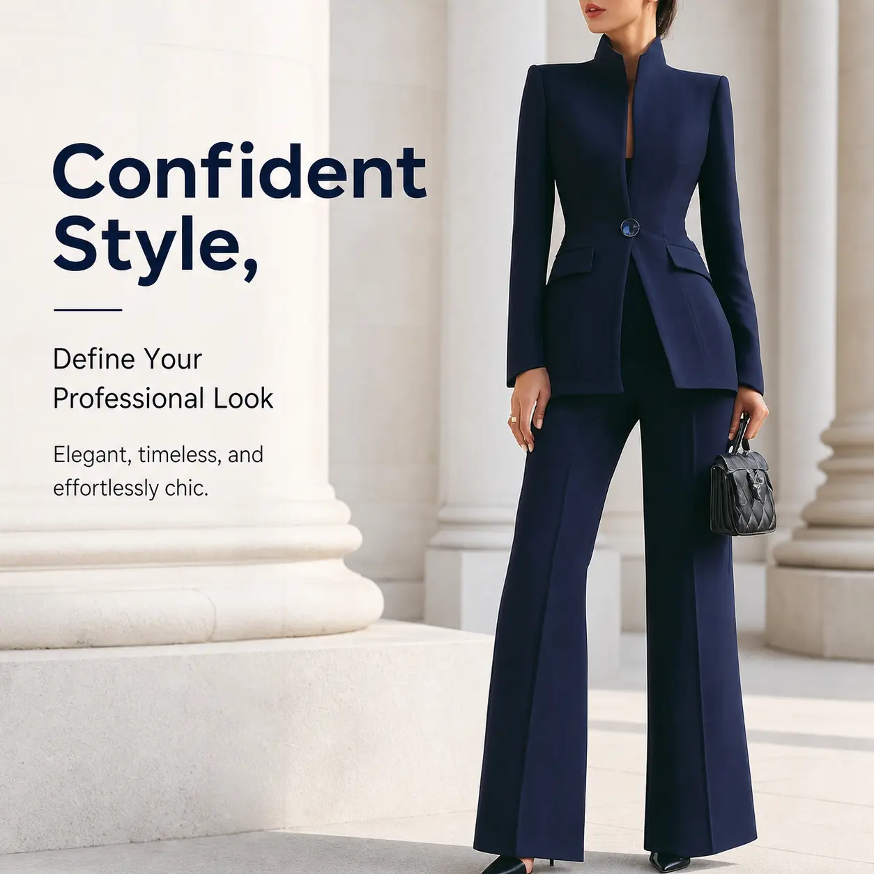 Women Navy Blue Stand Collar Blazer Flare Pants Suit 2 Piece Formal Business Work Outfit