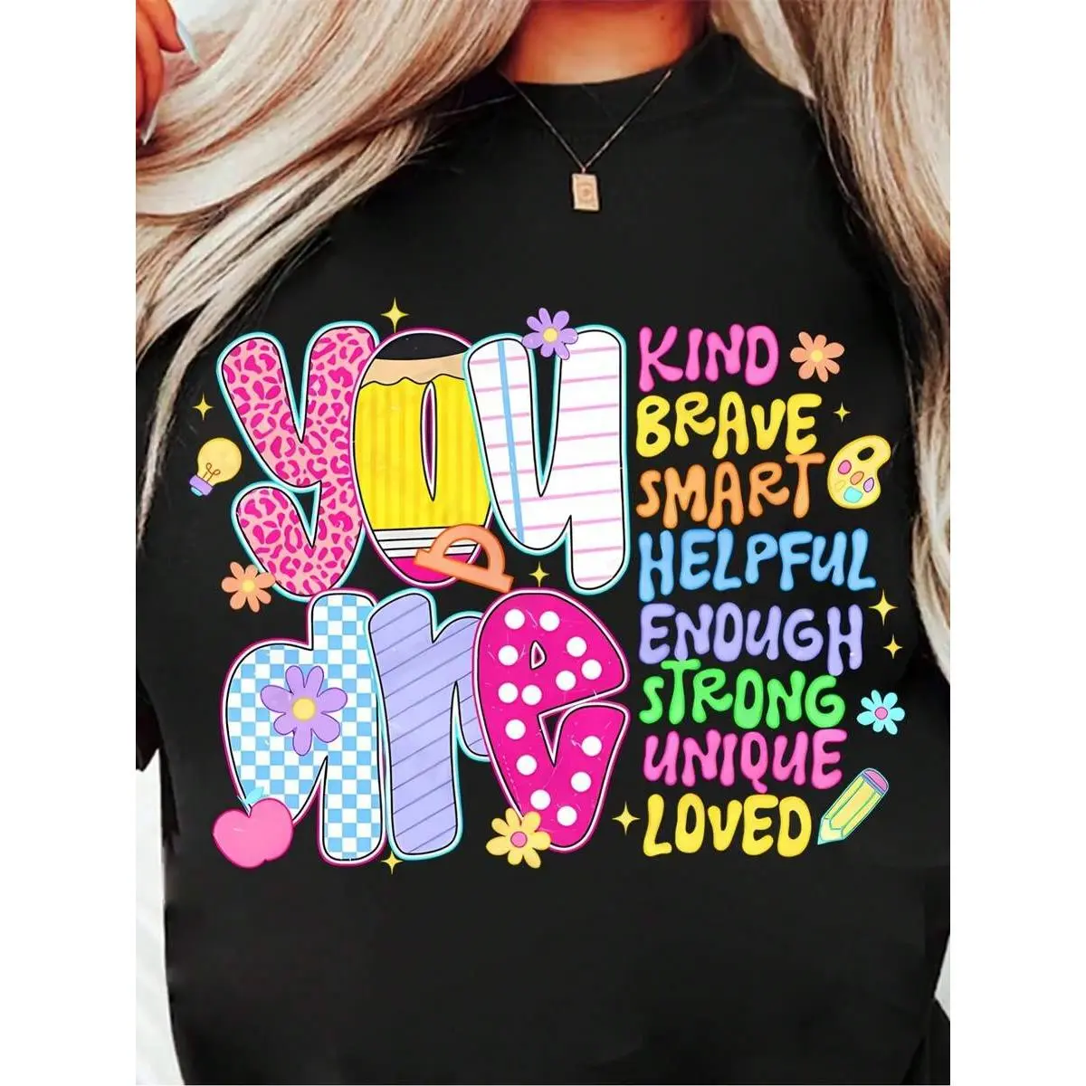 Women Inspirational T Shirt You Are Brave Smart Helpful Enough Strong Unique Loved Positive Affirmations Soft Breathable Round Neck Short Sleeve Casual Top Colorful Motivational Lettering Striped Pattern Teacher Birthday Gift Casual Attire