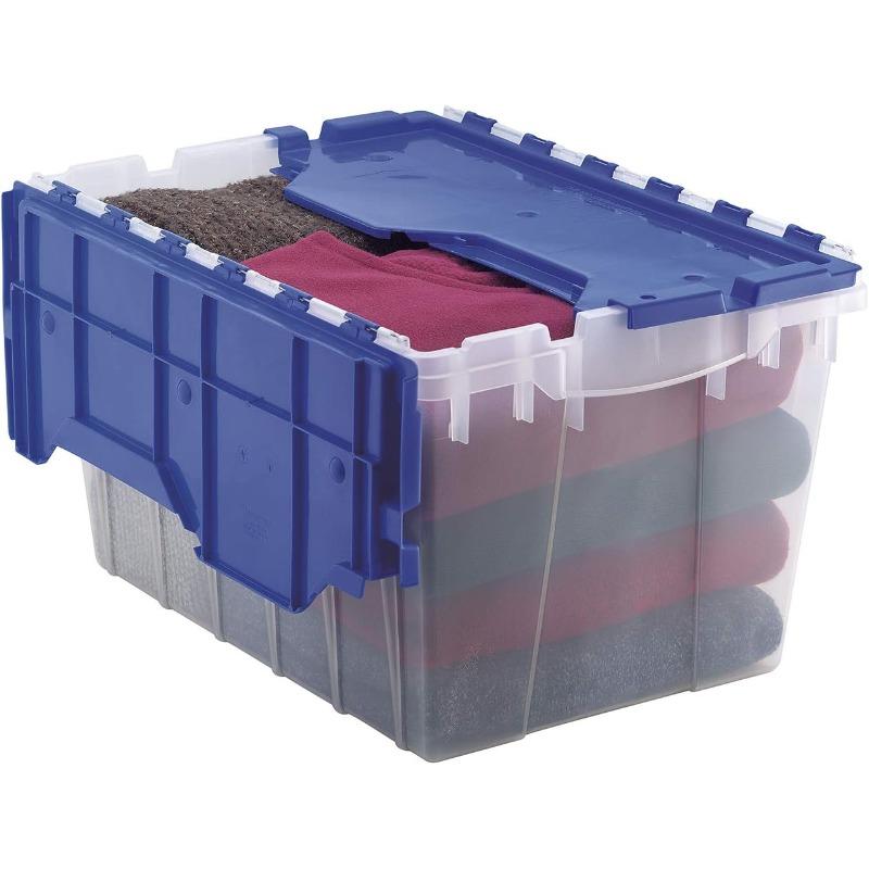 KeepBox 12 Gallon Storage Container Nesting and Stackable Plastic Storage Box with Lid Attached Clear Tote for Garages Closets and Moving 211 2 x 15 x 121 2 Clear Blue
