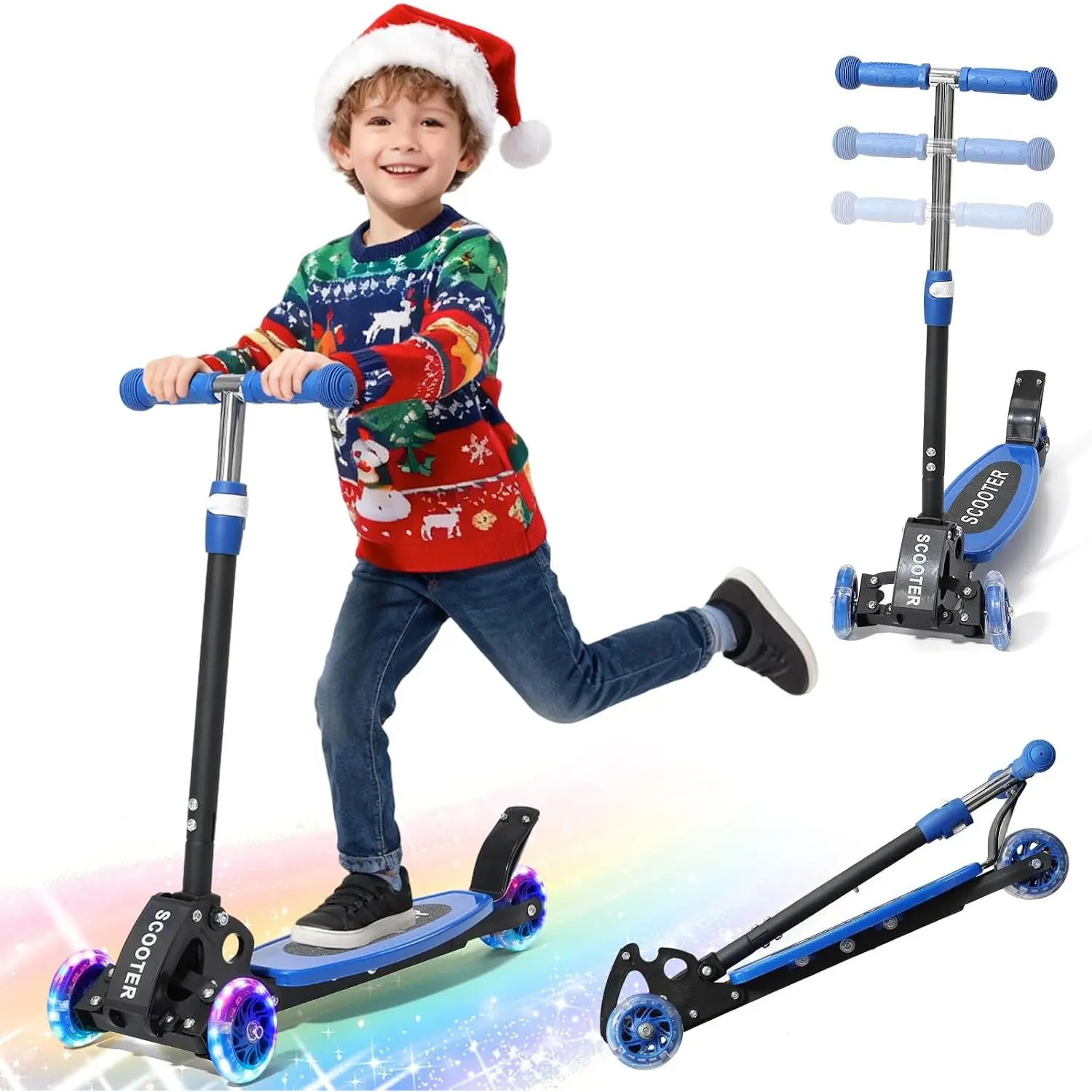 Scooter for Kids 3-5 5-7,Light up 3 Wheels Kick Scooter,Heavy Duty Folding Lean-to-Steer Scooters with 3 Adjustable Handlebar for Boys Girls,Widen Anti-Slip Deck,Rear Break,Holds up to 150Lbs