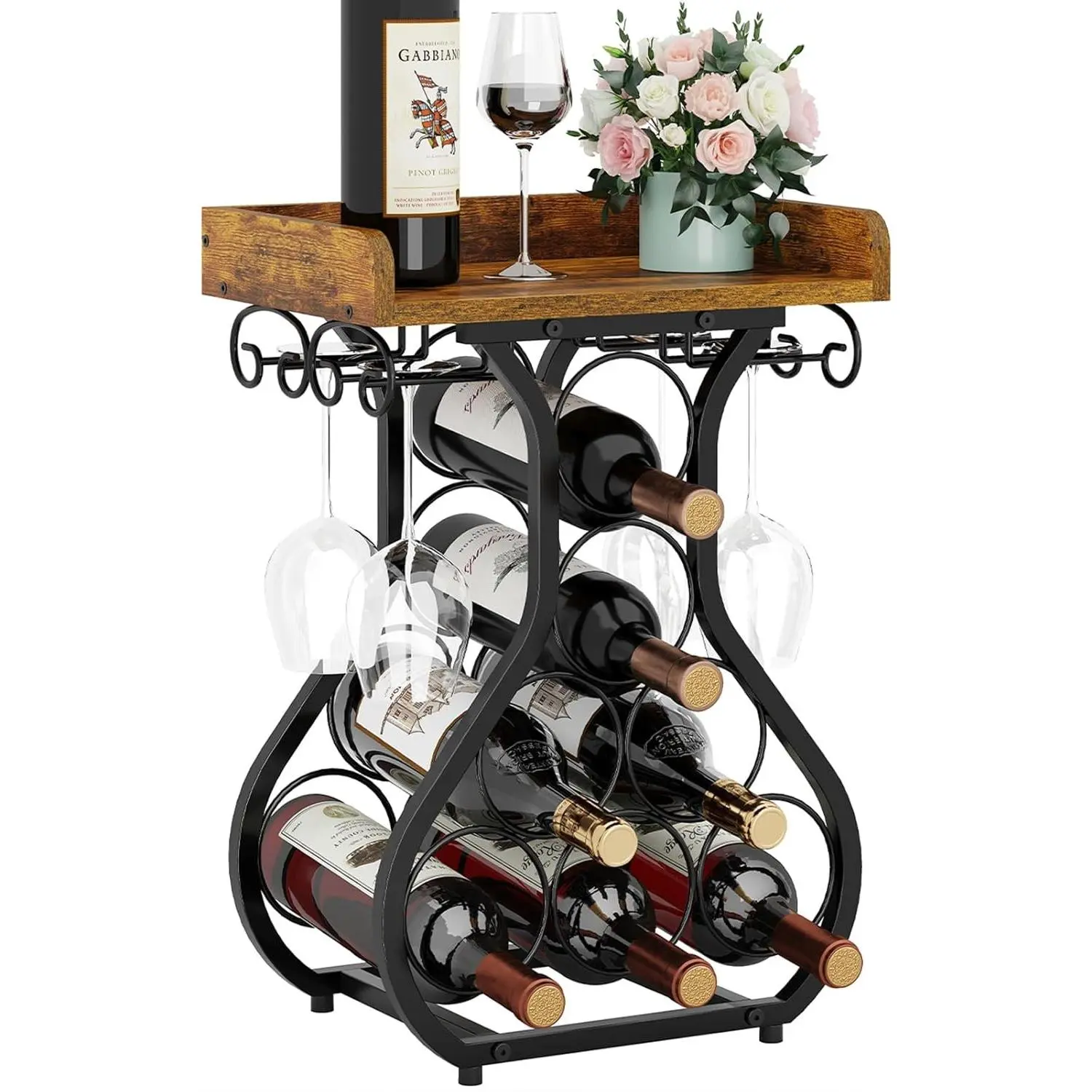 Wine Racks Countertop, Small Wine Rack with Wine Glass Holder, Mini Countertop Wine Rack with Tabletop Wine Storage Cabinet Shelf for Kitchen Pantry Home Bar