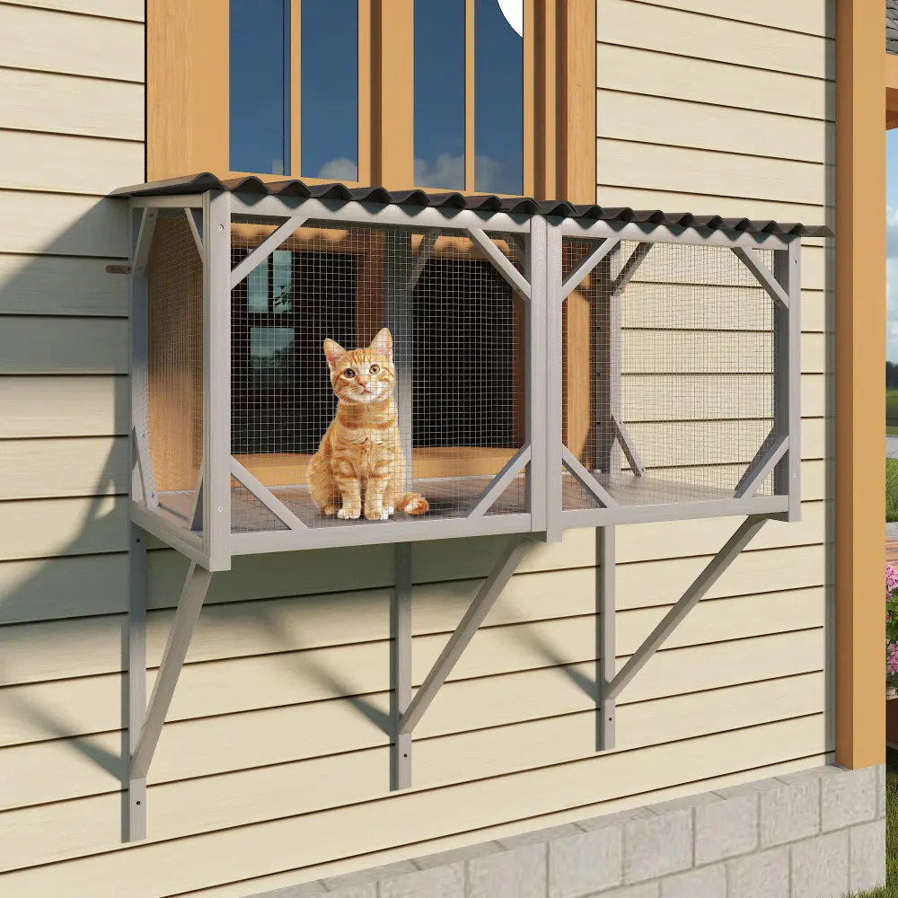 Sturdy Wood Plastic Catio - Plain Look Wooden Cat Window Perch for Large Indoor Cats, Sunbath View, Safe Sunbathing & Napping, Enjoy Outdoor Sights, Scents & Sounds