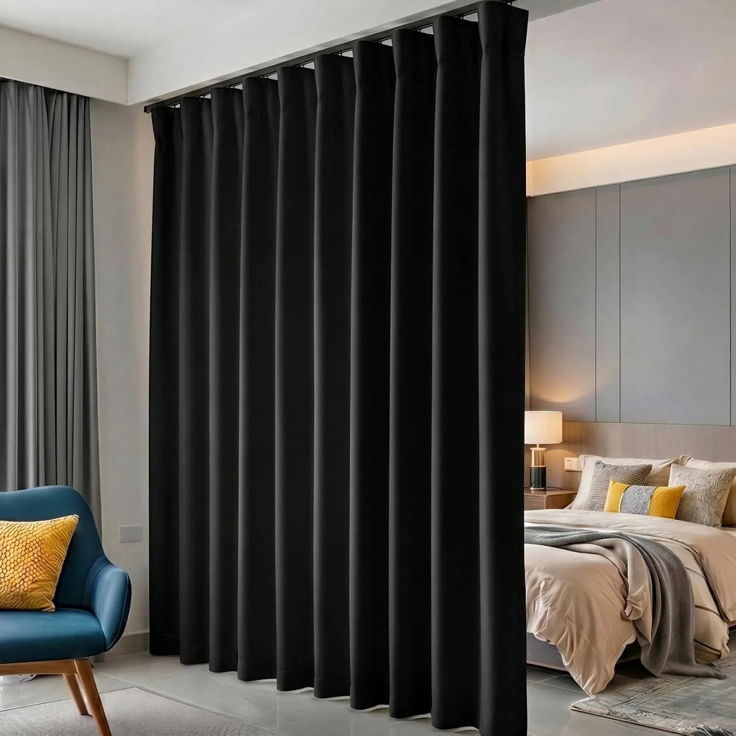 Room Divider Curtains Blackout Floor to Ceiling Curtain with Hook Wall Mount Sliding Door Curtains Ceiling Mount Extra Wide Curtain Wall Divider for Room Separation (Black, W100 x H84 Inch)Gift