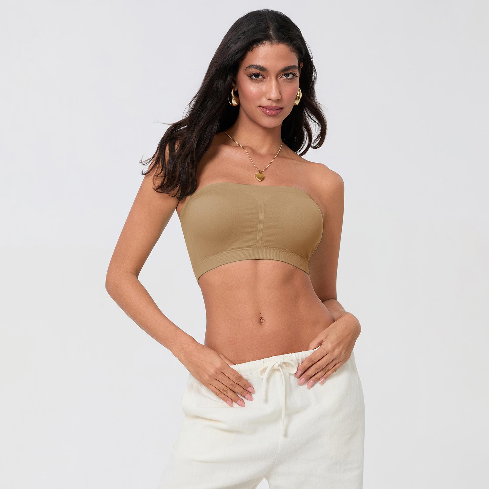 Women Ladies Female Chest Wrap Bra, Solid Color Crop Removable Padded Top, Stretchy Seamless Bandeau Tube Wild Fashion Tops Beige