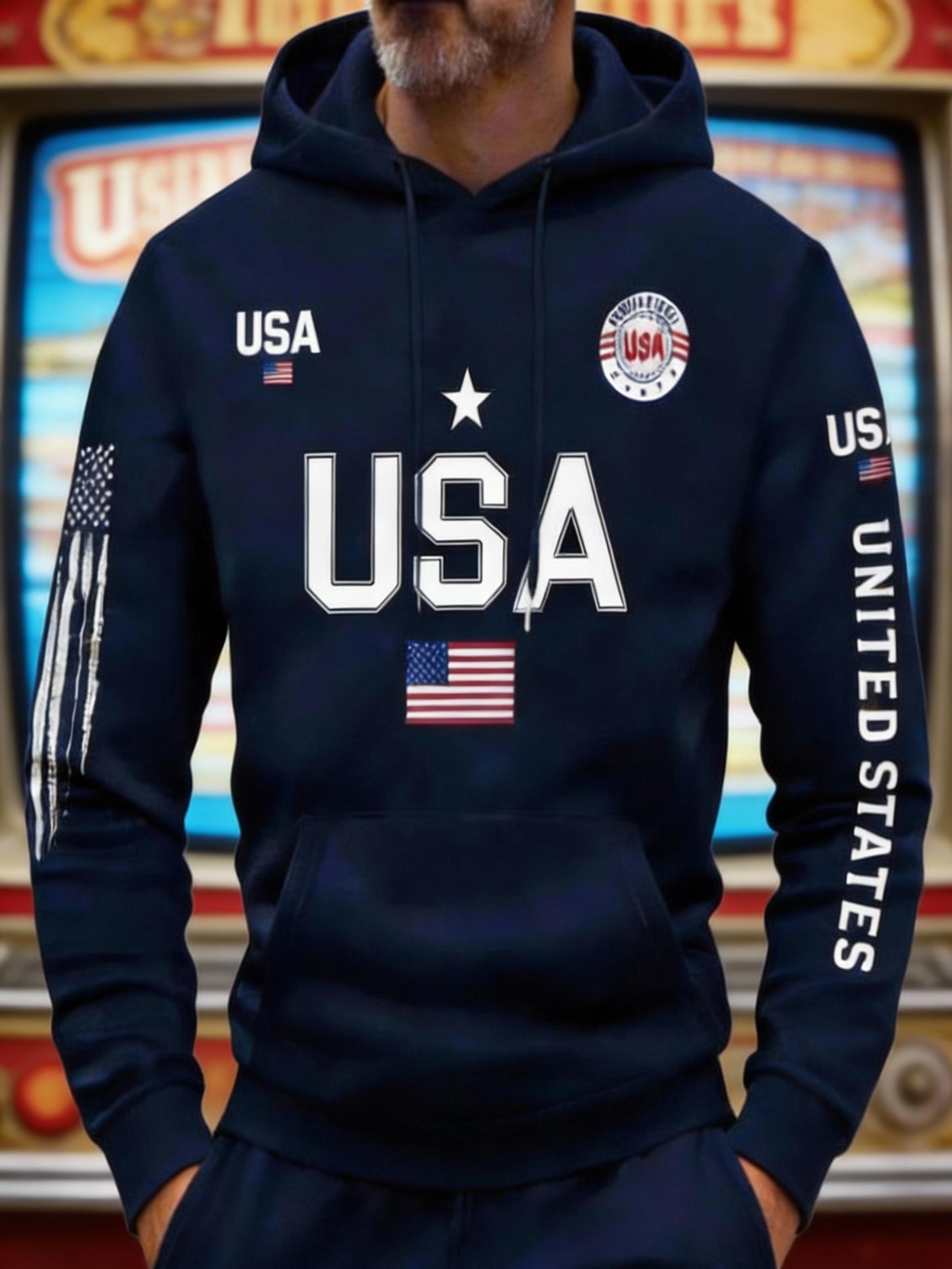 Streetwear USA Hoodie Men's Red Loose Hoodie Flag Element Top