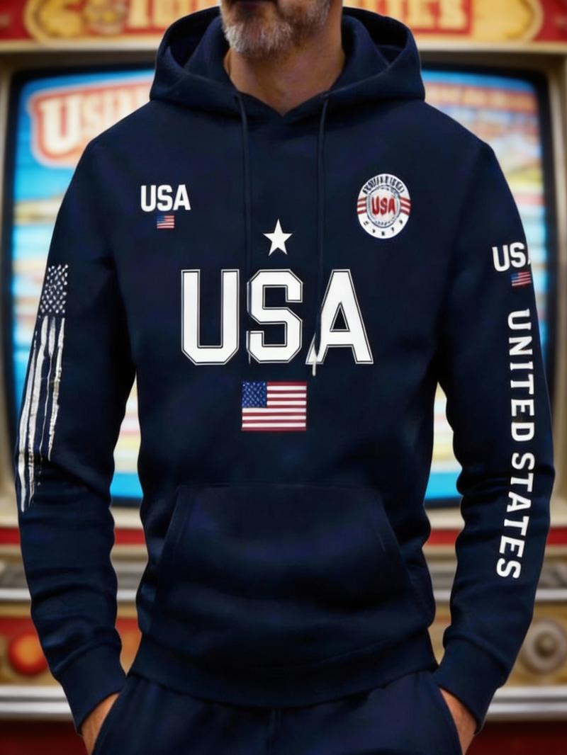 Streetwear USA Hoodie Men's Red Loose Hoodie Flag Element Top