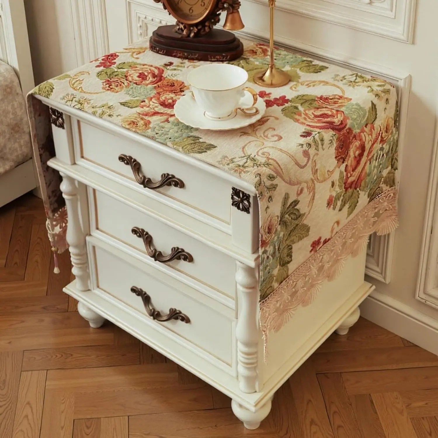 Beige Jacquard Lace Floral Nightstand Cover Topper - 15.7x43.3in, Anti-Slipping Silicone Back, Lace Fringe, Machine Washable, Fits End Tables, Household Indoor Decor Room Decor Supplies
