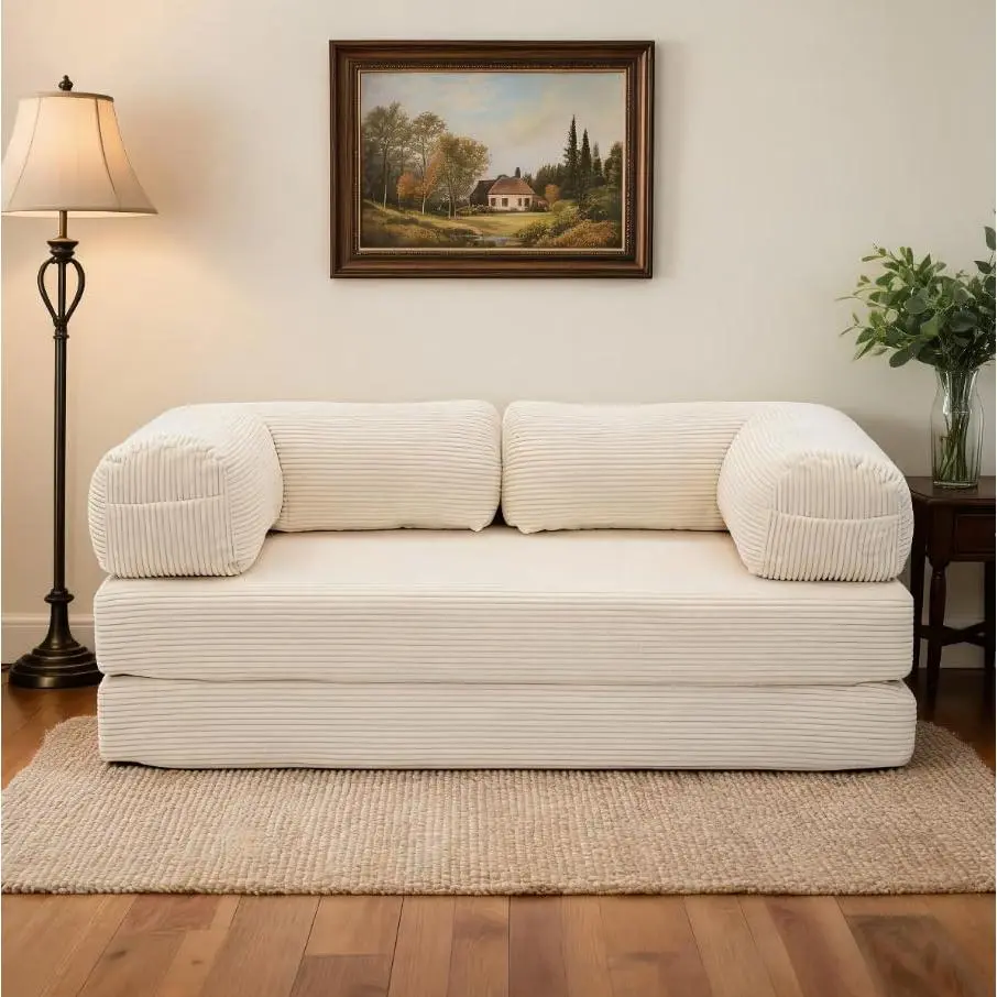 4-in-1 Convertible Corduroy Floor Sofa Bed - Double Layer Modular Futon - Foam Backrest - Folding Sleeper Loveseat for Small Spaces, Guest Room, Apartment, Beige
