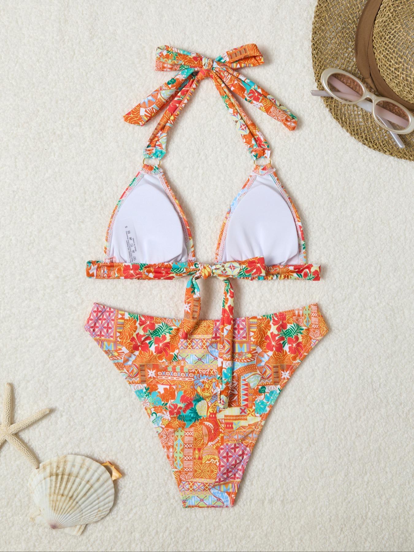 Women's All Over Print O-ring Linked Halter Neck Bikini Set, High Stretch Tie Back Backless Swim Top & Swim Bottom for Beach Holiday Vacation, Summer Beach Bikini, Summer Swimsuit Set, Bikini Swimsuits