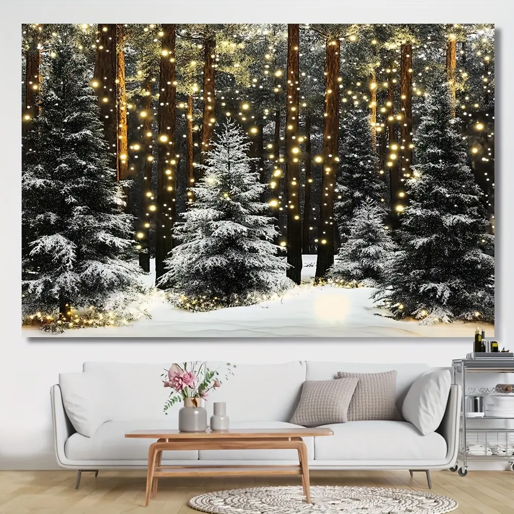 Winter Snowy Forest Glitter Tapestry, Christmas Tree Pine Hanging Wall Decor, Festive Wonderland Themed Textile for Gifting