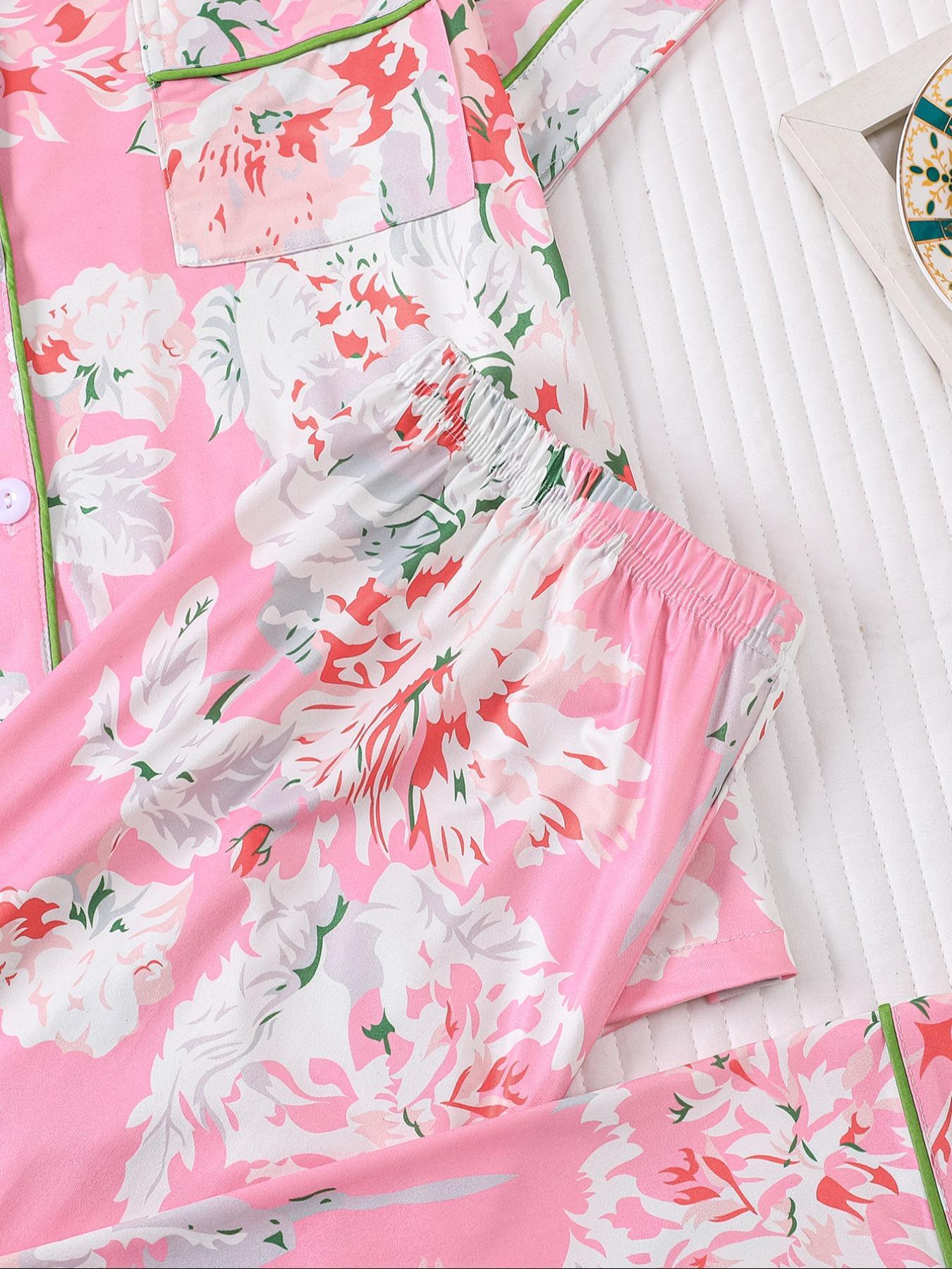 2 pieces of women's cotton print short sleeved pants sleepwear set Pajama Set with pockets suitable for all seasons, fashionable, comfortable, elegant and casual home wear