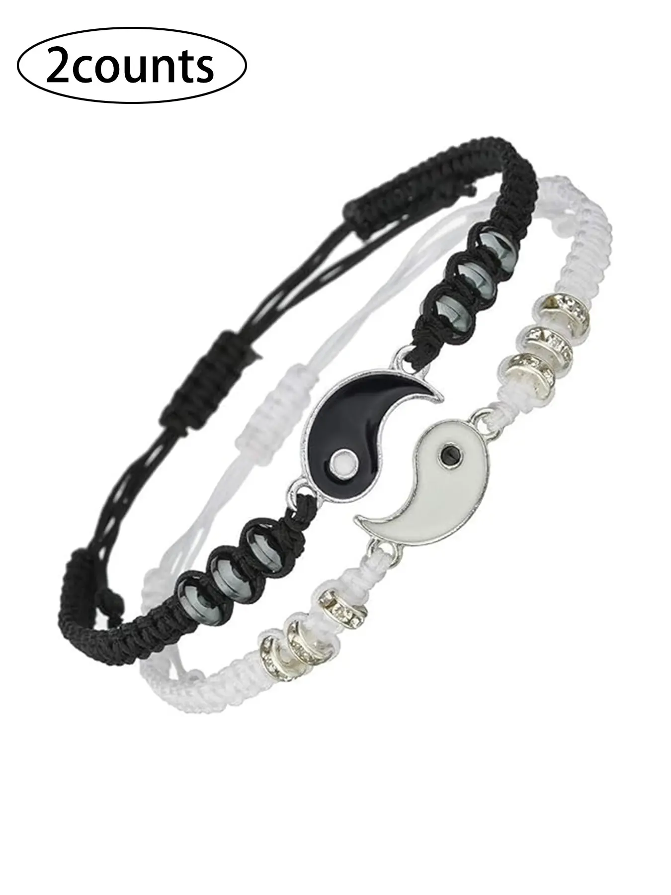 2pcs Best Friend Bracelets for 2 Matching Yin Yang Adjustable Cord Bracelet Sets for Bff Friendship Relationship Boyfriend Girlfriend Valentines Gift Bracelet Bundle