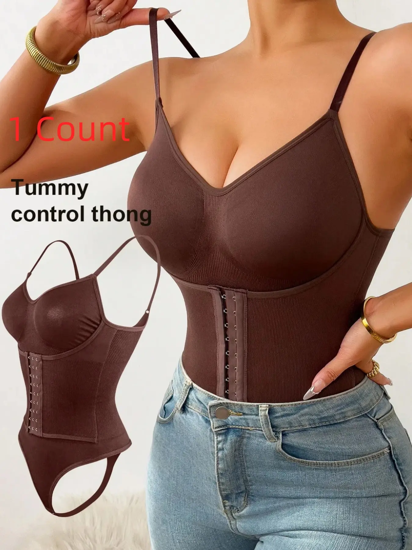 Women's Hook & Eye Shapewear Bodysuit, Thong Design for Tummy Control Compression, Essentials Basic Fit Shapewear for All Seasons, Ladies Shaping Underwear