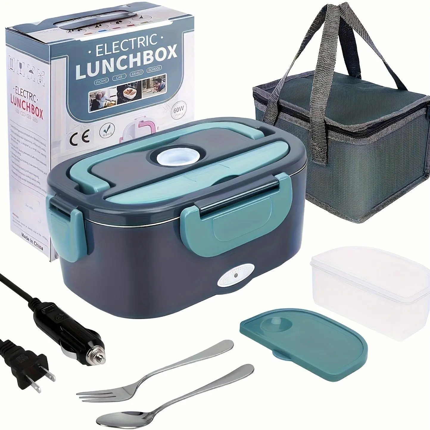 2026 New 60W Electric Lunch Box, 60.87oz Larger Food Warmer with Self-Heating Function, 12V-24V-110V Portable Heater for Car, Truck, Travel, Leakproof Removable Container with Tableware for Adults