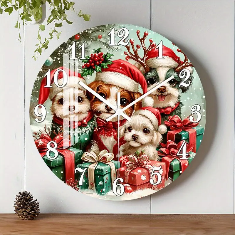 1 Silent Non-Ticking Wall Clock - Santa Hat, Puppy and Snowflake Pattern, Modern Living Room, Kitchen, Office Decoration - Acrylic Clock - Compatible with AA Batteries (Batteries Not Included) - Holiday Home Gift