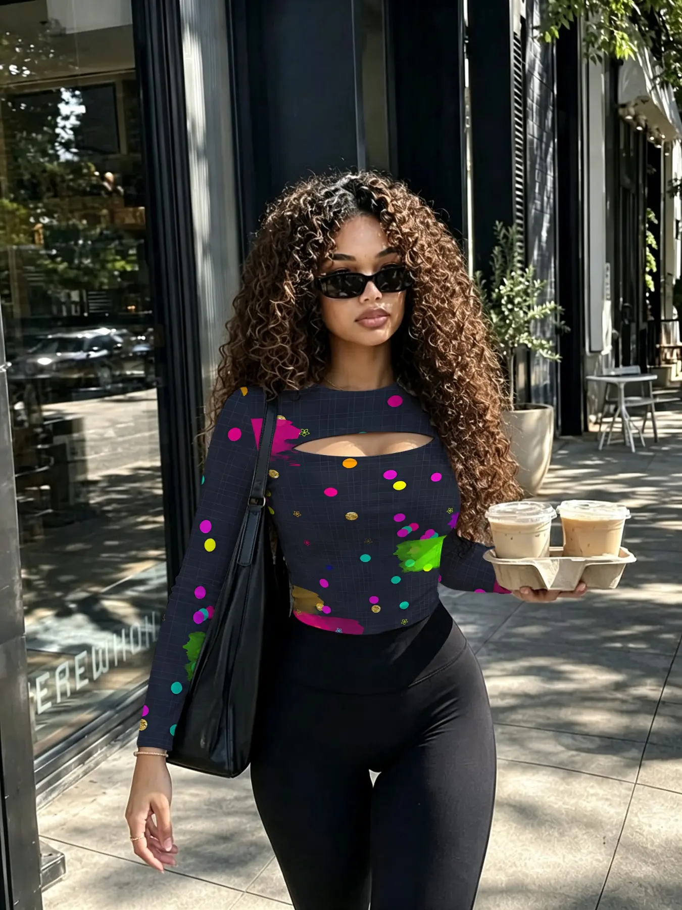 Women's Sexy Short Sleeve Top, Chest Cutout Mesh Neon Polka Dot Print, Slim Fit Curve Reveal Y2K Night Out Streetwear Crop Tee