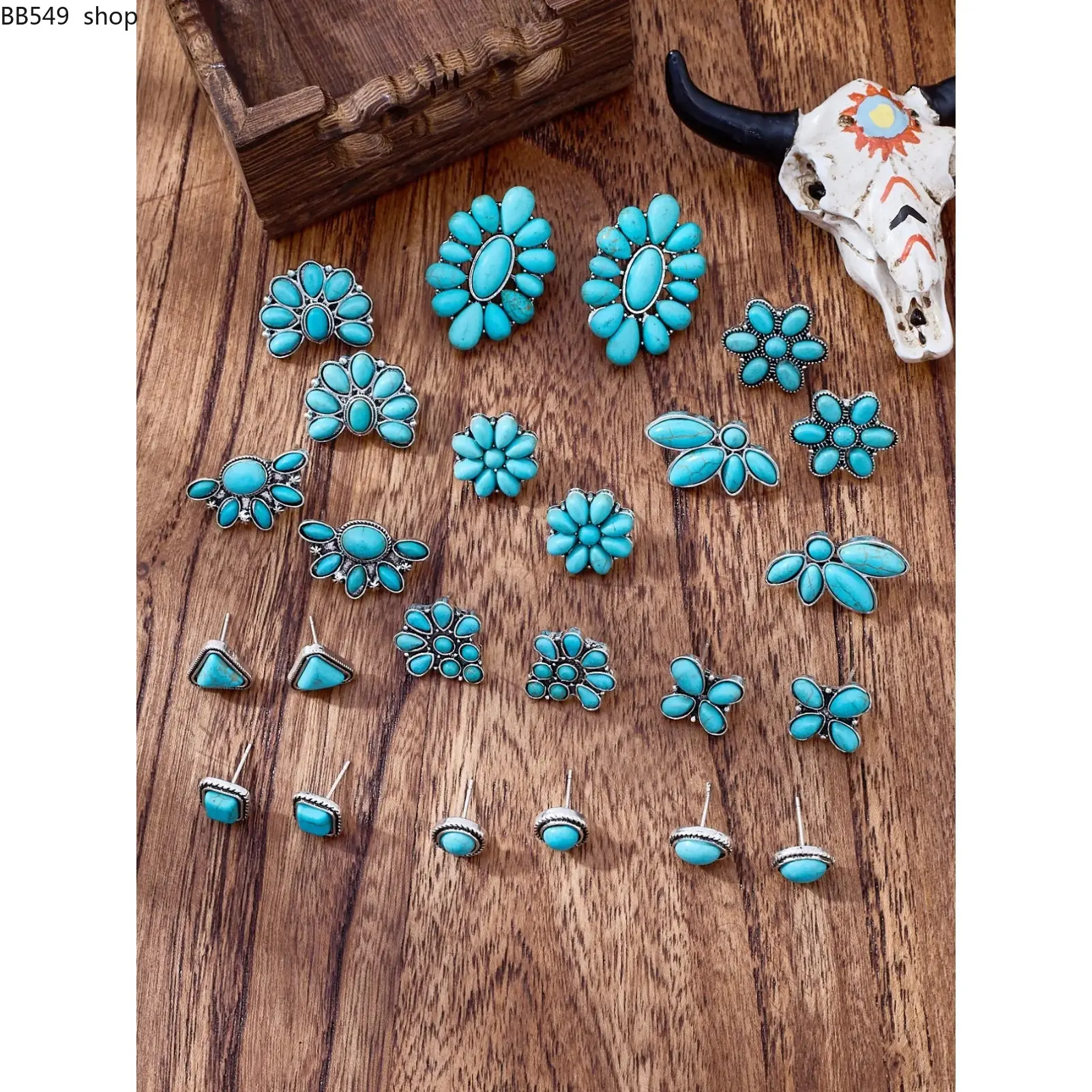 Vintage Bohemian Turquoise Earrings Set, Boho Earrings, Versatile Earrings, Ear Studs, Stud Earring Sets, Fashion Jewelry Accessories, Trendy Fashionable Accessories, Geometric Triangle Round Square Flower Shapes, Women's Gift, 12 Pairs