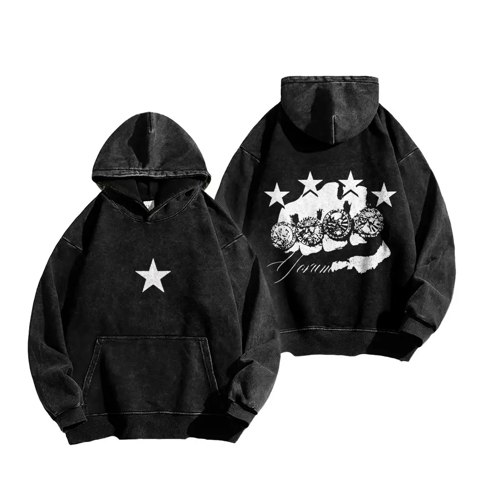 Inkhausstore-Inkvaultarchive JJBA Vintage Washed Star & Clock Graphic Hoodie Double‑Sided Print Oversized Retro Streetwear Pullover Sweatshirt Unisex