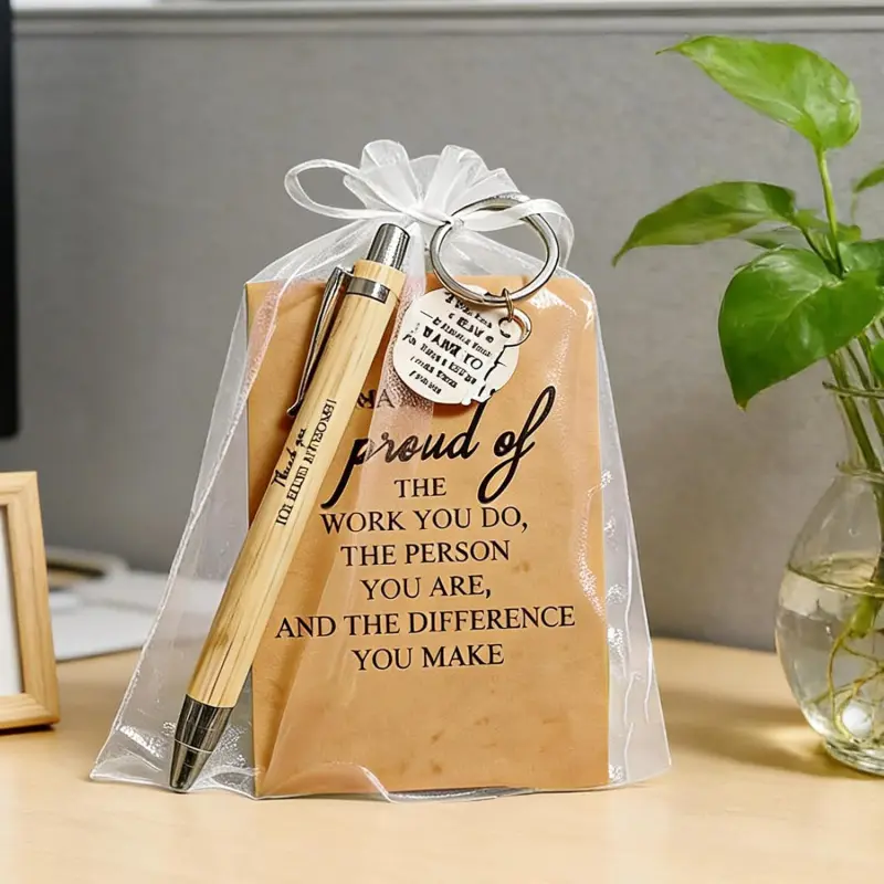 Bulk appreciation gifts for female employees & team souvenirs, including keychains, motivational notebooks and bamboo ballpoint pens; ideal for Thanksgiving, colleague thank-you gifts and team building activities