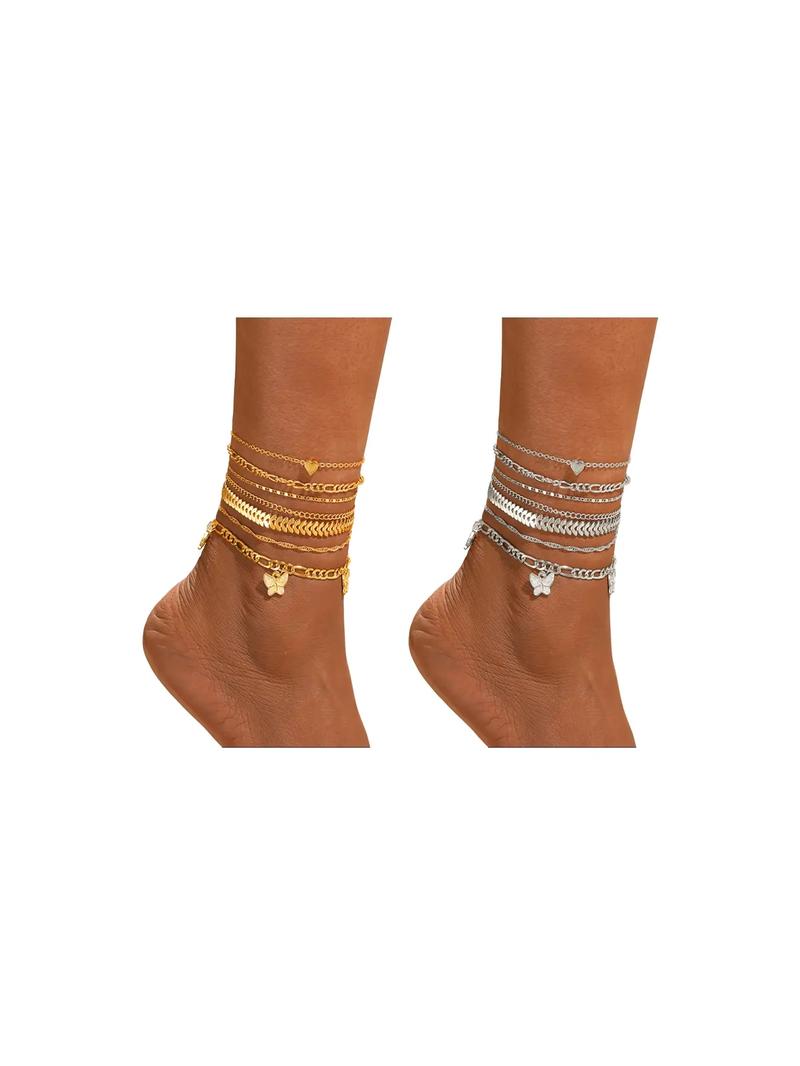 Women's Fashion Charming Butterfly & Heart Shape Anklet Set, Fall Plain Elegant Zinc Alloy Anklet, Trendy Body Jewelry for Women & Girls, Holiday Gifts, Fall Outfits, Fall Freshness, Trendy Jewellery Accessories, Trendy Fashionable Accessories
