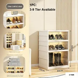 Foldable 3-9 Tier Shoe Rack Organizer with Clear Doors & Wheels Space-Saving Storage for 18 Pairs, Collapsible Cabinet for Closet/Bedroom, Adjustable Shoe Cabinet