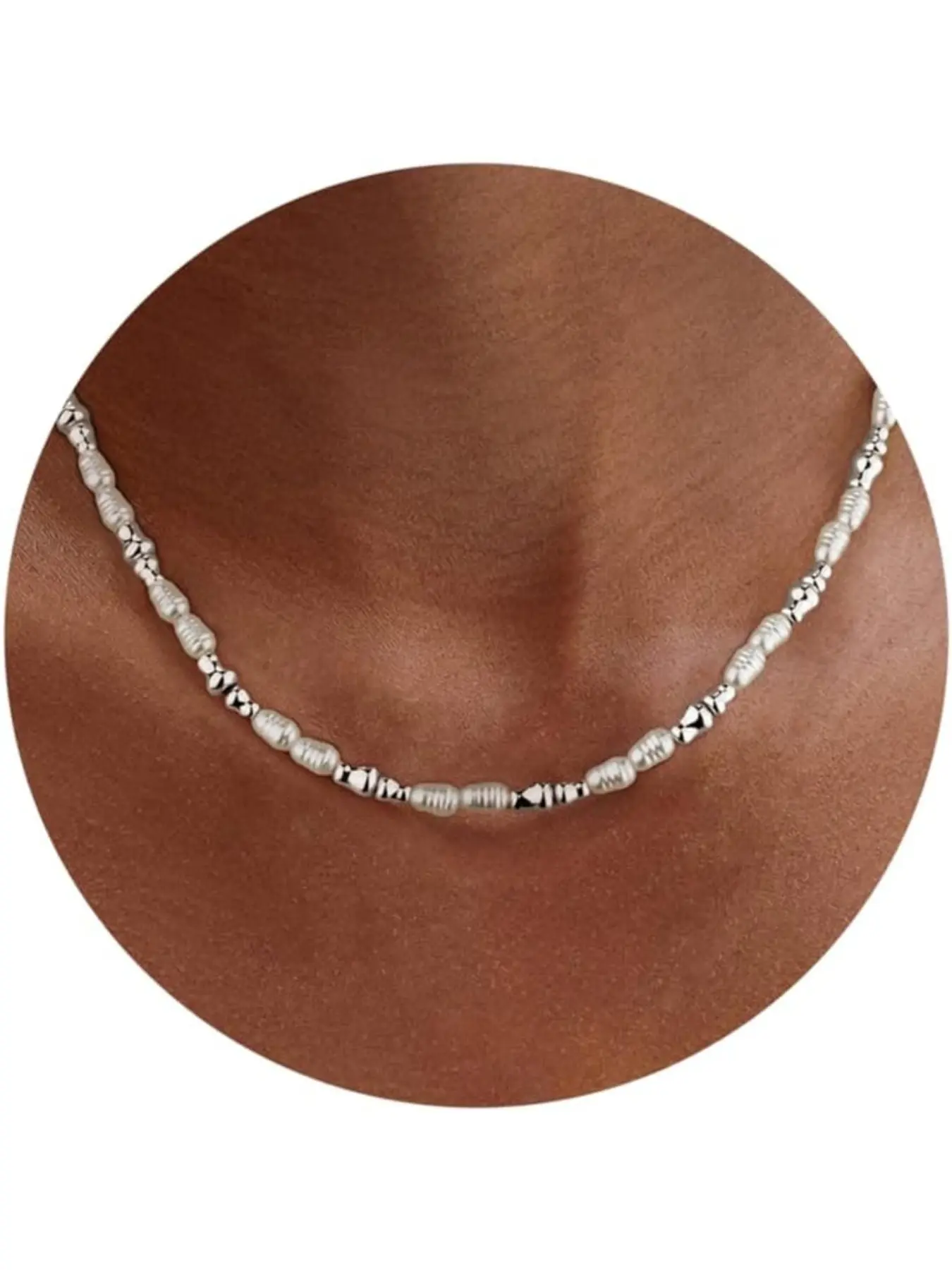 Pearl Necklace for Women, Silver Color Choker with 4x6mm Irregular Pearls, Wedding Graduation Ball Jewelry Gift, 40+5cm
