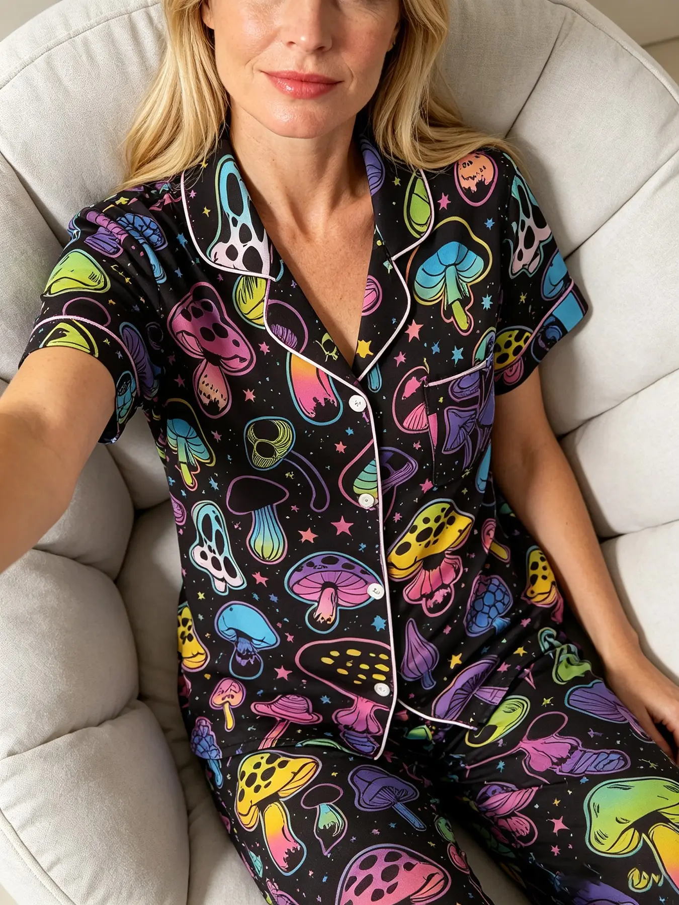 Women's Cardigan Short‑Sleeve Top And Long Pants Pajama Set, Wearable For All Seasons, Neon Mushroom Star Print Loungewear, Ins Cool Cozy Bedroom Outfit