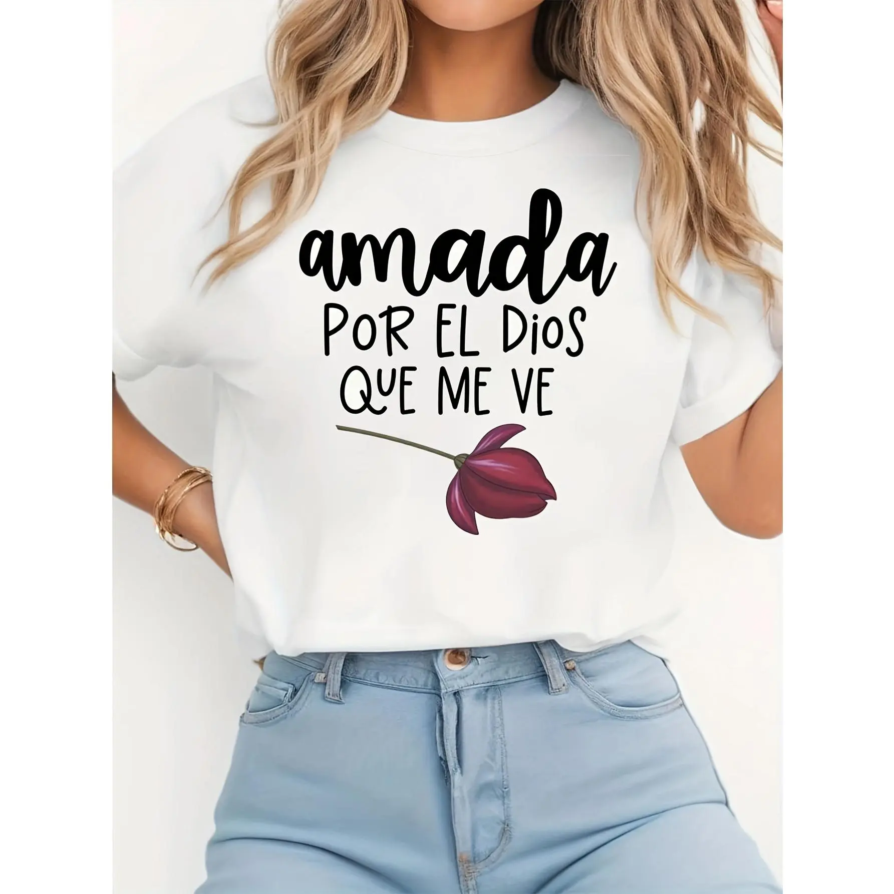 Women's Knit Cotton Fabric Round Neck Spanish Religious T-Shirt - Amada Por El Dios Que Me Ve I Am Loved by God Who Sees Me, Red Heart Print, Soft Breathable Casual Tee for Church, Prayer, Tshirt, Clothes, Shortsleeve