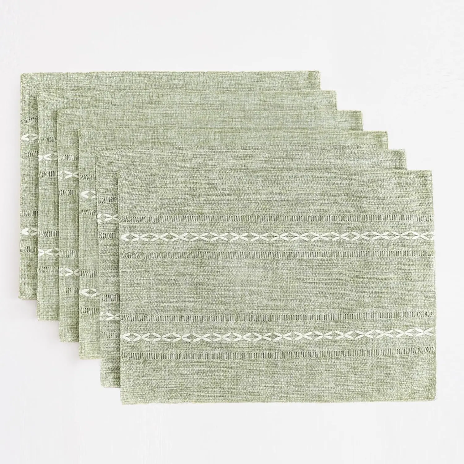 Wracra Cotton Linen Fabric Placemats - 12x18 in, Set of 6 Bohemian Rustic Hemstitch Tableware, Heat Resistant Sage Green for Kitchen Table, Ideal for Birthday Gatherings