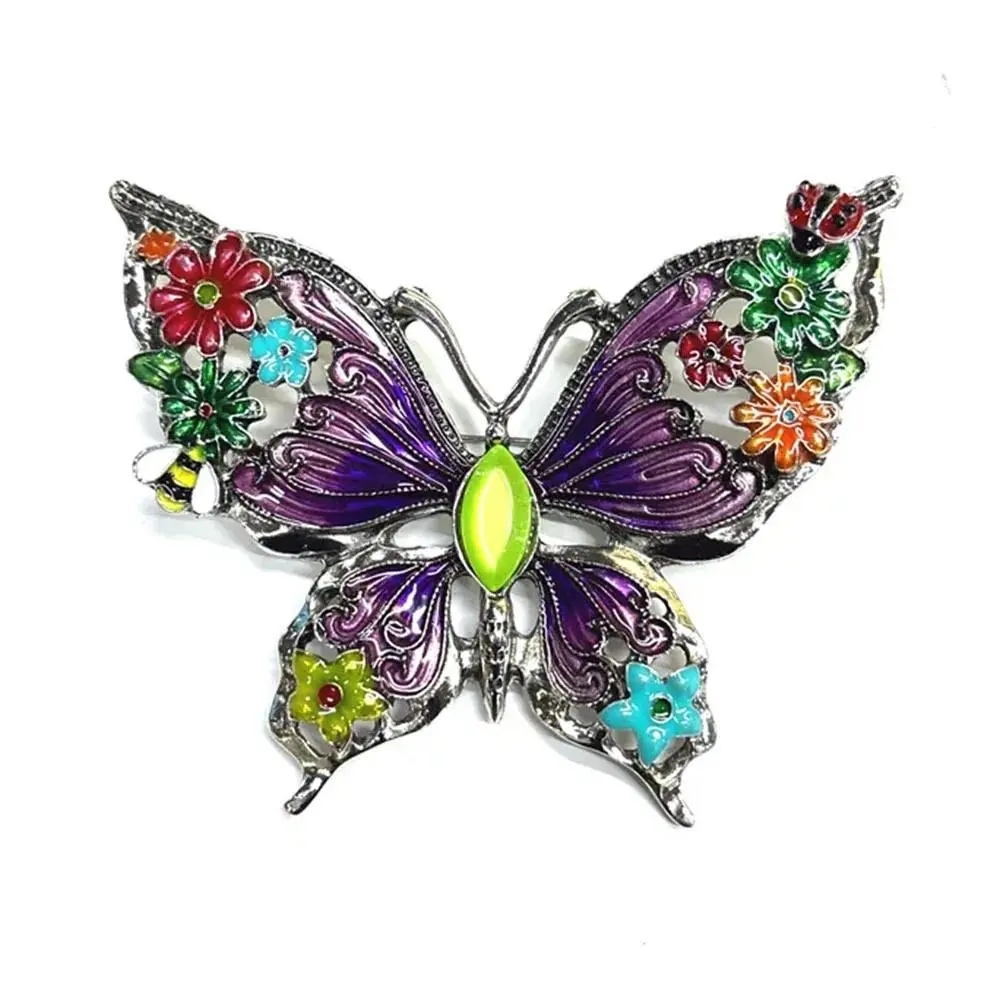 Vintage Antique Silver Butterfly Brooch Purple Enamel Colorful Flower Bee Ladybug Hollow Wing Garden Lapel Pin Coat Jewelry Gift