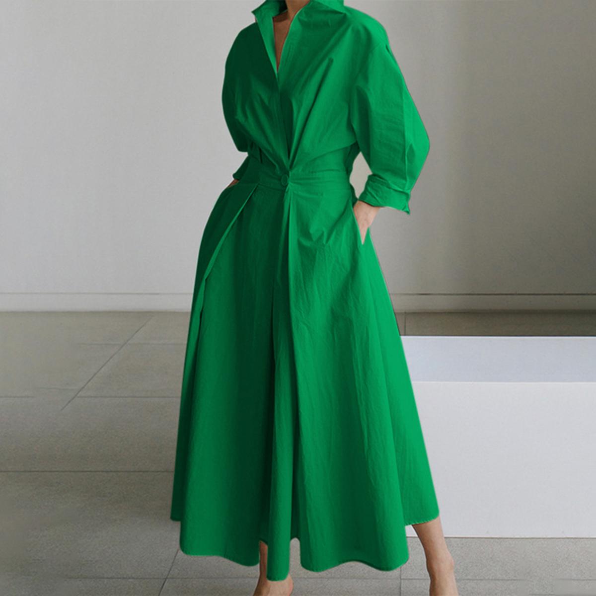 UOOZEE women's long-sleeved loose solid color lapel midi dress, waist design, comfortable and elegant, a must-have for commuting and formal occasions Midi Cloth, with pockets Modest Clothes SpringStatements