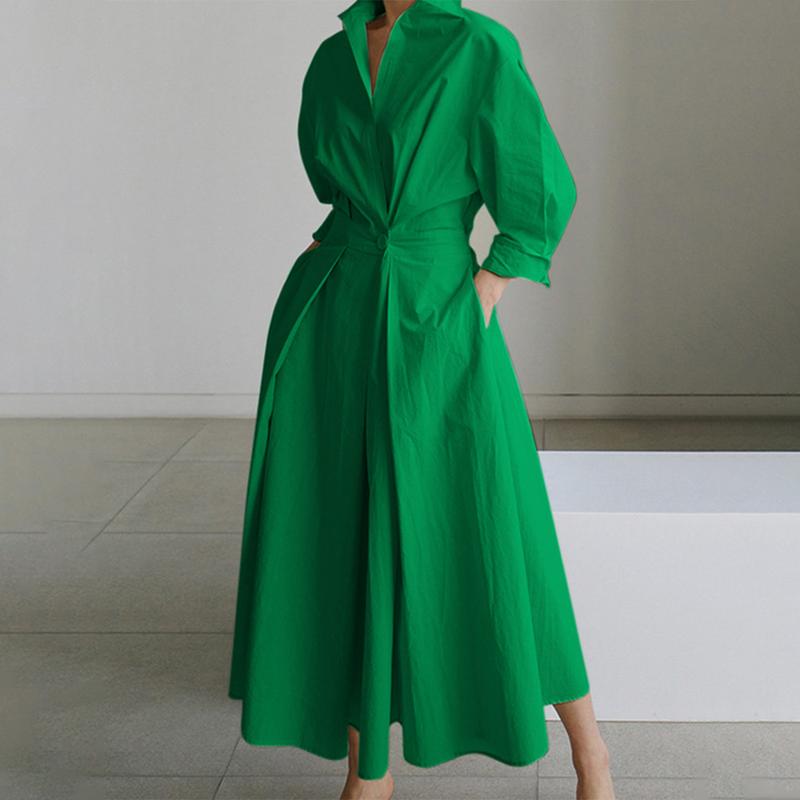 UOOZEE women's long-sleeved loose solid color lapel midi dress, waist design, comfortable and elegant, a must-have for commuting and formal occasions Midi Cloth, with pockets Modest Clothes