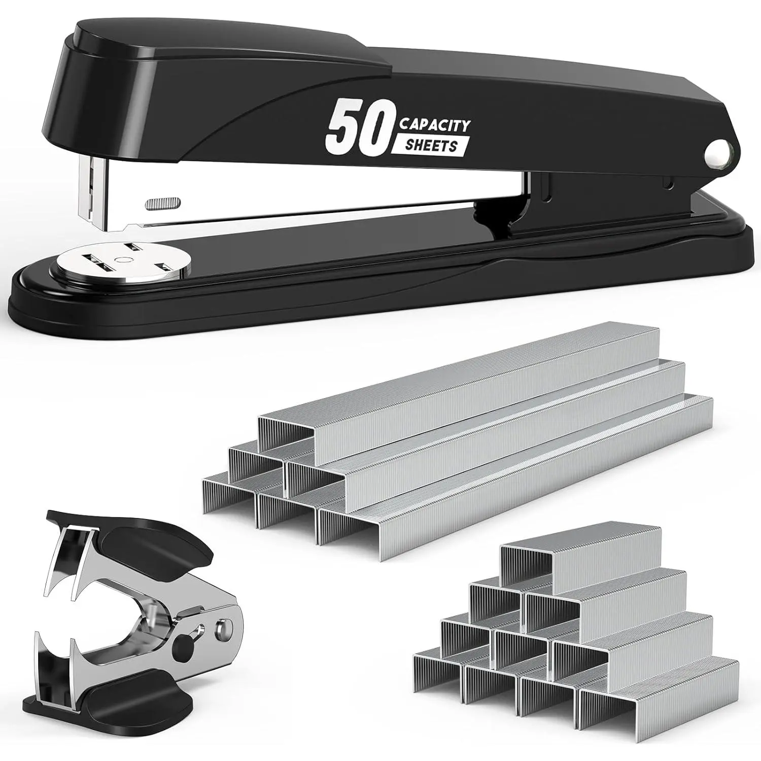 Metal Stapler Heavy Duty 50 Sheet Capacity with 1750  and Staple Remover, Full Strip Staplers for Desk, No Jam, Non-Slip for Office & Classroom, Black