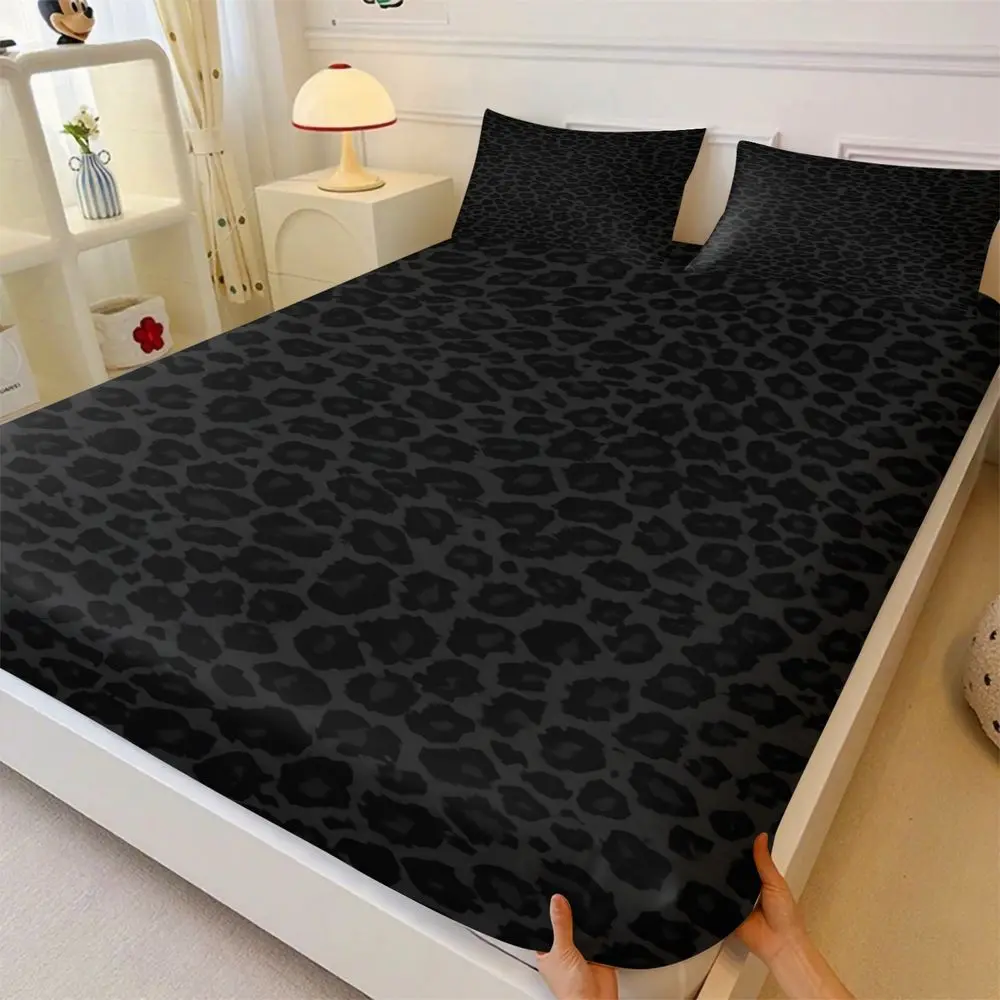 3Pcs Luxury Black Leopard Print Fitted Sheet Set, Soft Microfiber Bed Sheets Set, Modern Dark Animal Skin Pattern Bedding Set for Bedroom Decor, Breathable & Skin-Friendly Full Bedding Set No Fillers