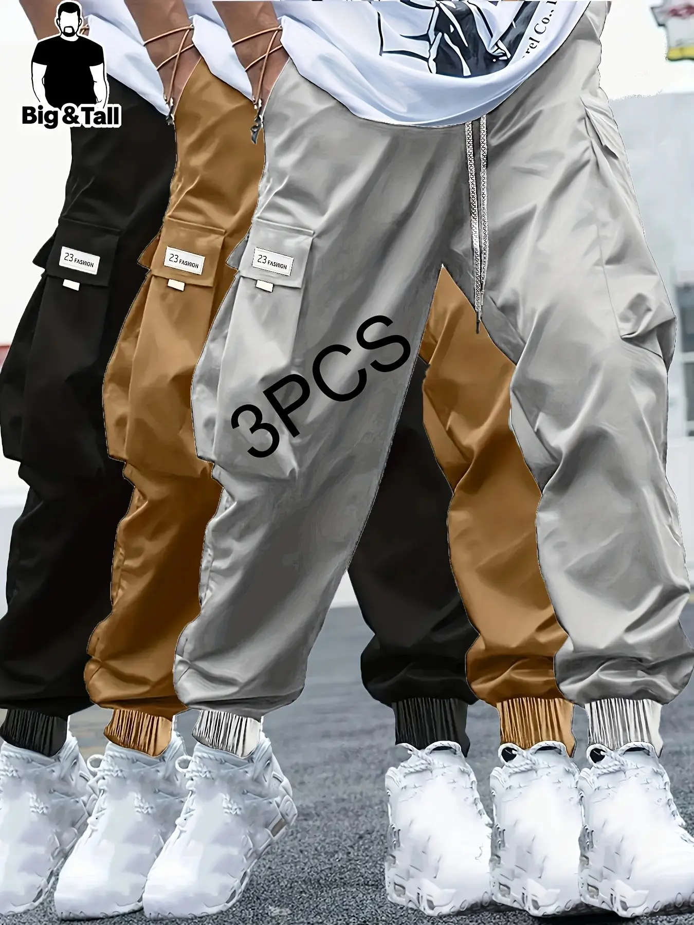 Large Size Men's Casual Athletic Work Pants Set, Slanted Pockets, Drawstring Sports Pants Design, Lightweight Sporty Style, Straight Leg, Comfortable Daily Wear