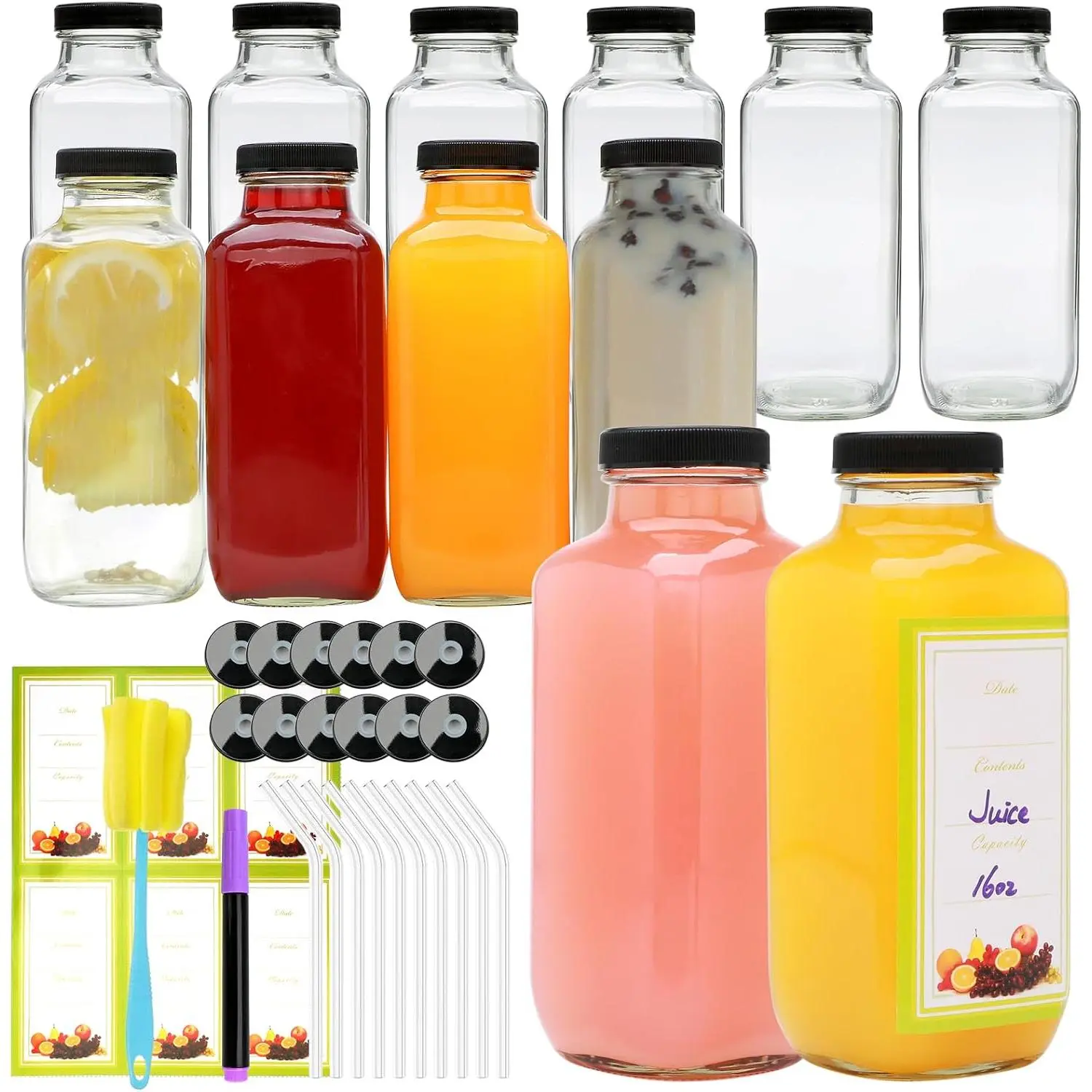 12 Pack 16oz Glass Juice Bottles with ,  Clear Square Bottles for Juicing, Smoothies, Milk, Cold Brew, Water