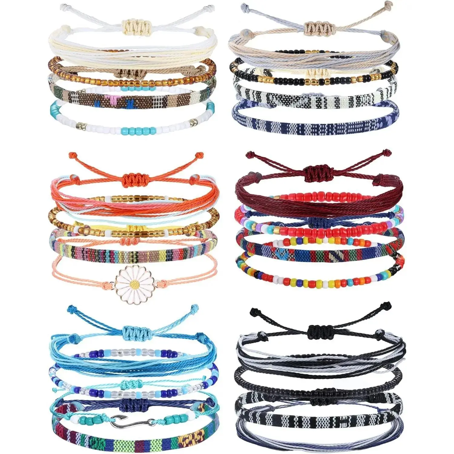 Women's 24-Piece Waterproof Stackable Bracelets - Handmade, Adjustable, Beach-Theme Friendship Bracelets, Surfer Wave Boho Anklets for Daily Wear, Summervibes, Stackable Bracelet