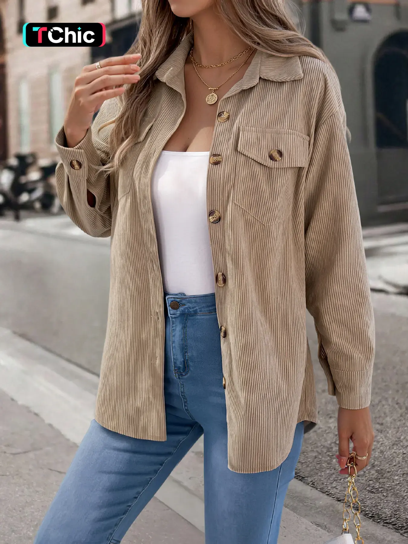 Women's Solid Button Front Corduroy Jacket, Casual Drop Shoulder Long-sleeved Outerwear for Fall & Winter, Ladies Clothes for Daily Wear