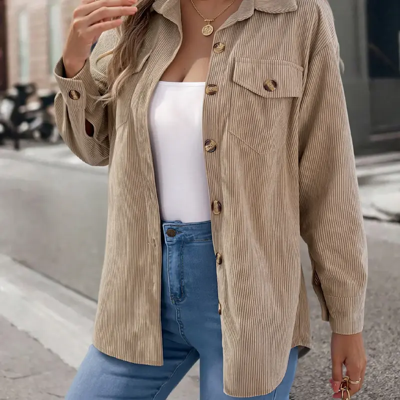 Women's Solid Button Front Corduroy Jacket, Casual Drop Shoulder Long-Sleeved Outerwear for Fall & Winter, Daily Wear, Casual Style Outerwear