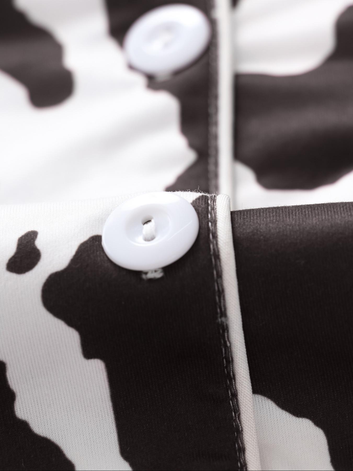 Women's Cow Print Notched Neck Crop Shirt & Shorts Pajama Two-piece Set, Elegant Comfy Short Sleeve Top & Shorts PJ Set, Ladies Sleepwear for All Seasons, Casual Sleepwear Set