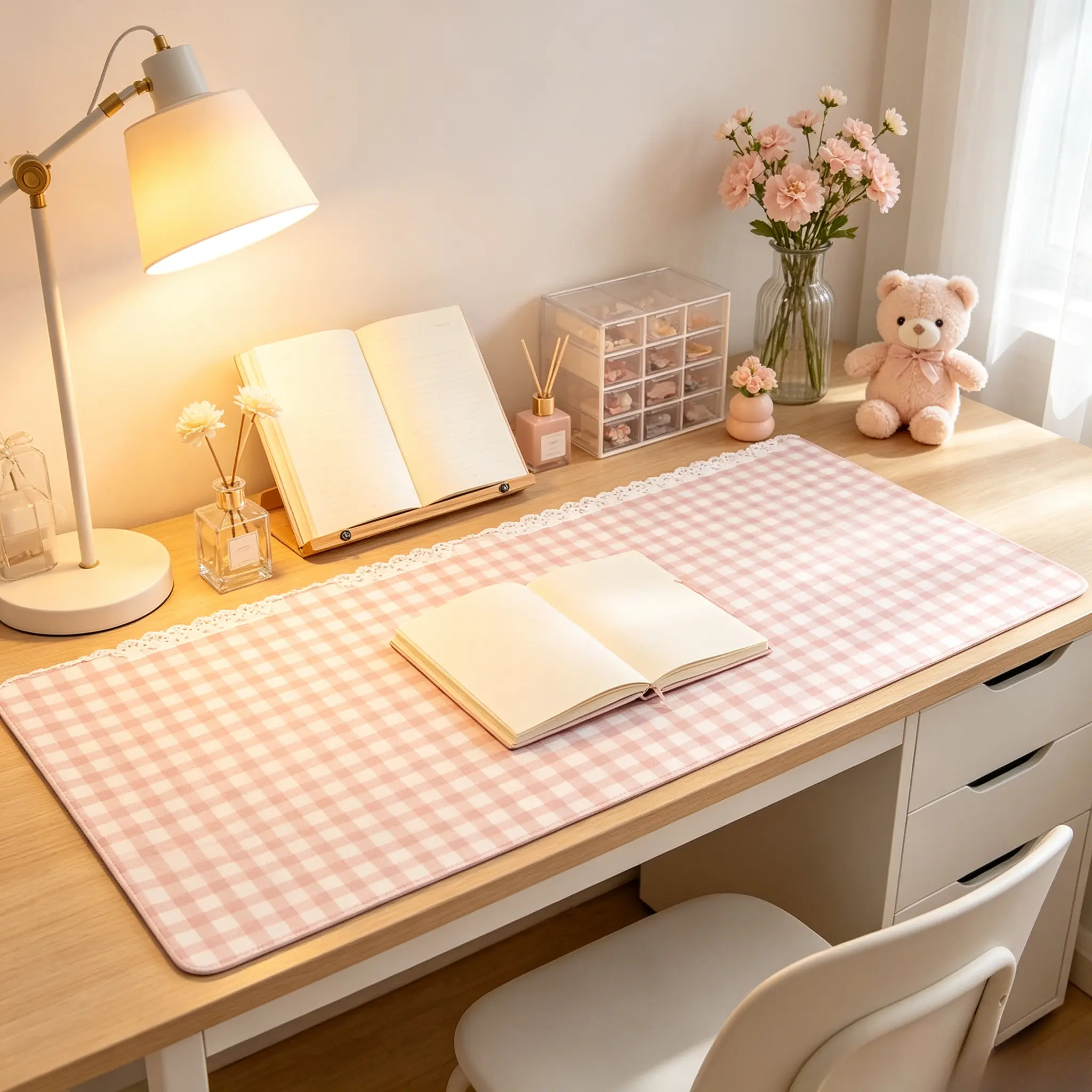 Kawaii Light Pink Gingham Plaid Large Desk Pad, Soft Pastel Checker Non Slip Washable Mousepad, Cozy Cottagecore Desktop Decor Gift For Girls Women