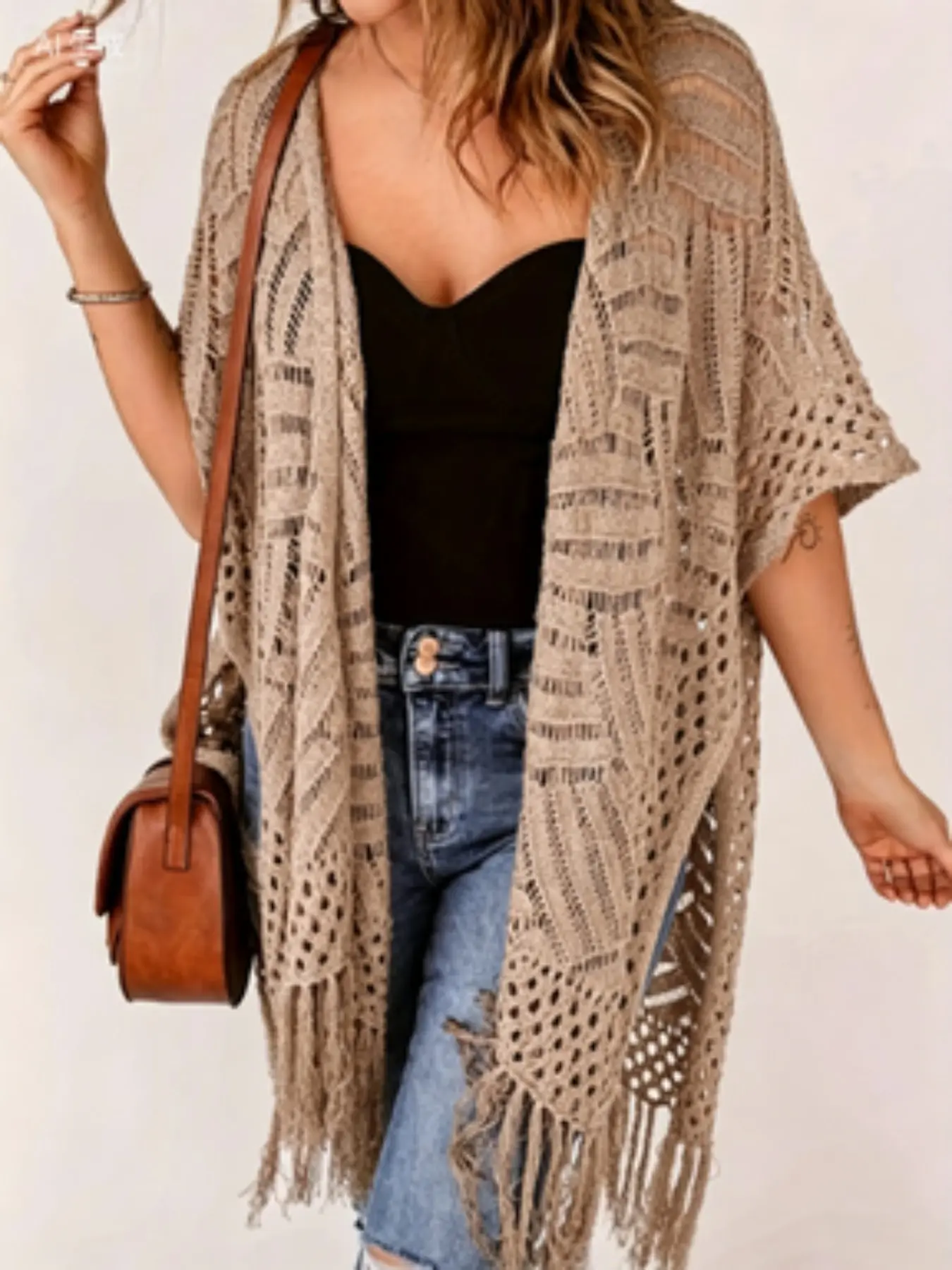 Medium-Length Fashion Casual Bohemian Loose Knit Kimono Cardigan, Knitwear, Hollow Out Fringe Design, Sun Protection, Plus Size Women's Outerwear