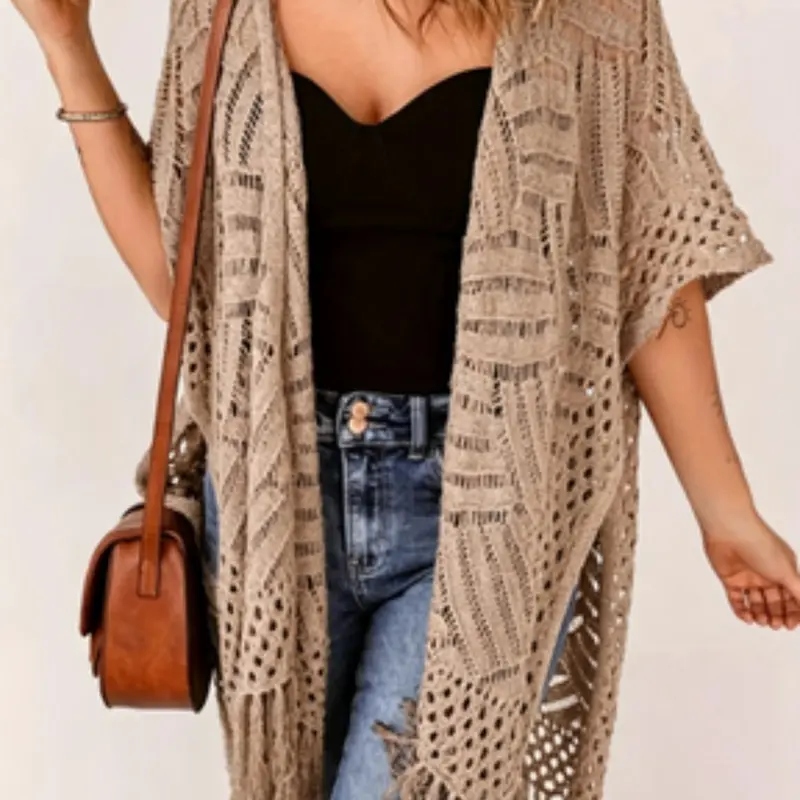 Medium-Length Fashion Loose Knit Kimono Cardigan, Hollow Out Fringe Design, Casual Women's Outerwear, All-Season Wear