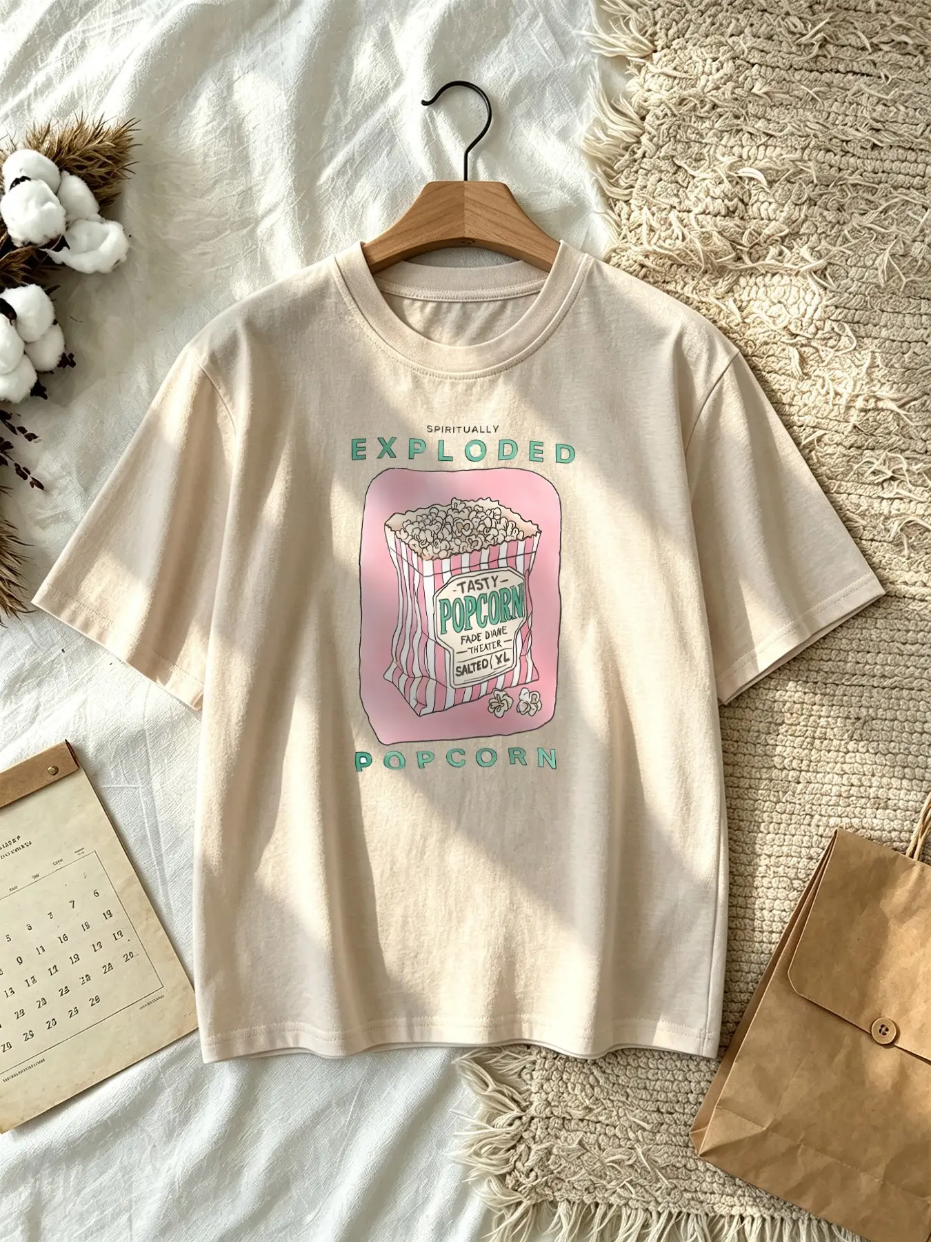 Retro Y2K Pastel Food Print T-Shirt, Spiritually Exploded Popcorn Design, Casual Loose-Fit Short Sleeve Top, Cute Kawaii Style