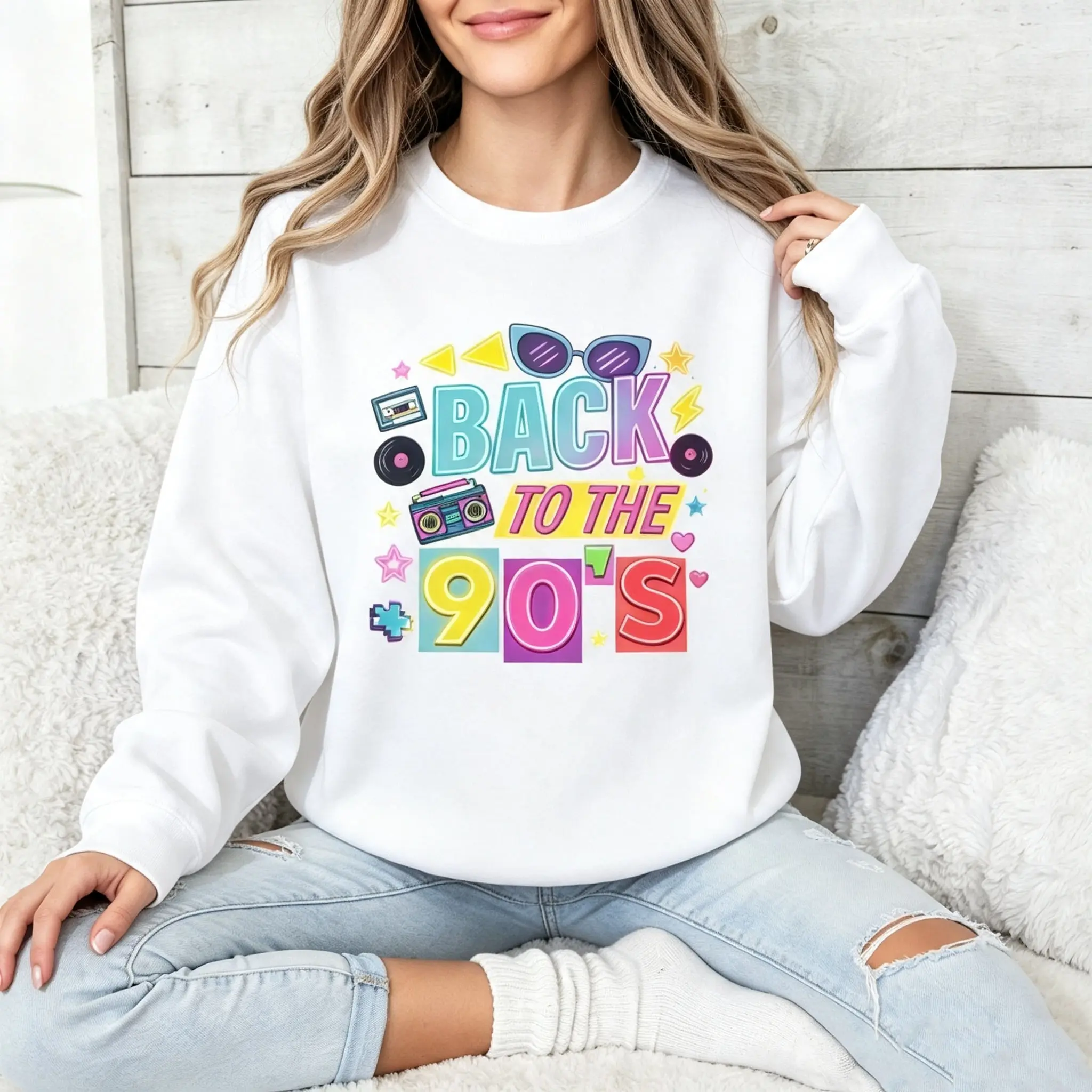 Back To The 90s Graphic Sweatshirt, Y2K Vintage Retro Pullover, Colorful Nostalgia Crewneck for Women, Casual Streetwear Fall Outfit