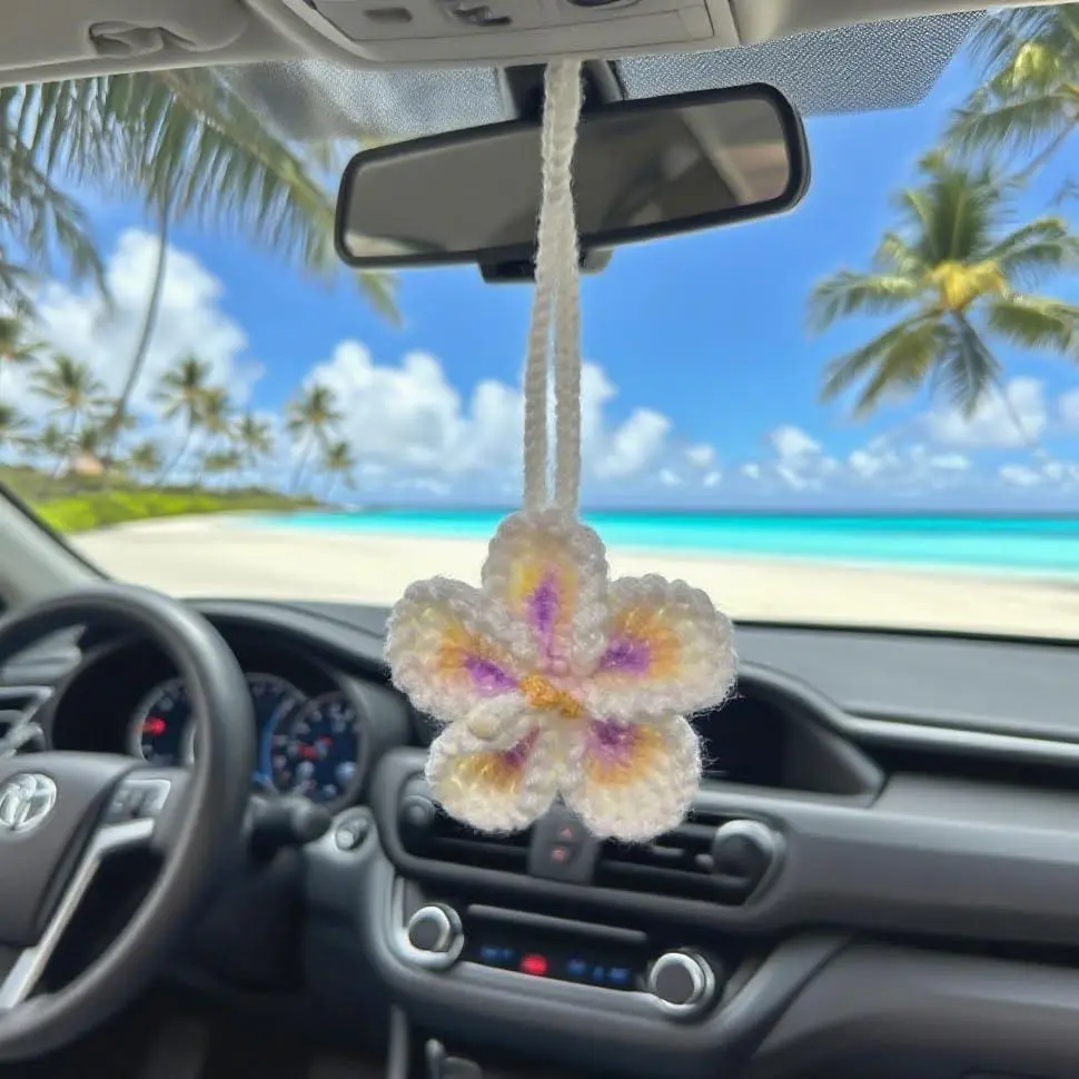 Hibiscus Flower   Ornament,Crochet Hawaiian Tropical  Bag Charms Decor  Rear View Mirror Beach Accessories (White)