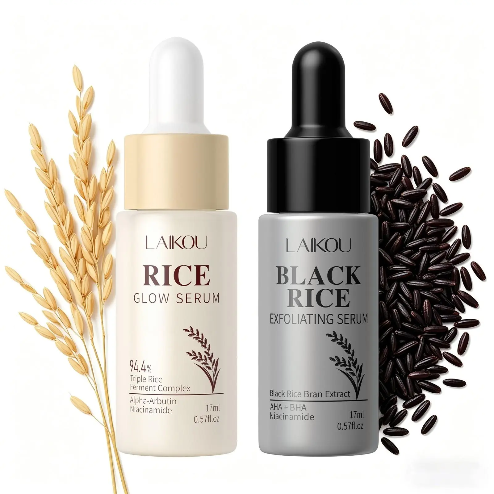 Korean Rice Skin Care Serum Duo, Rice Glow Brightening Serum for Hydration Lightening & Black Rice AHA BHA Exfoliating Serum for Dead Skin Pores, Natural Rice Extract Facial Essence for All Skin Types