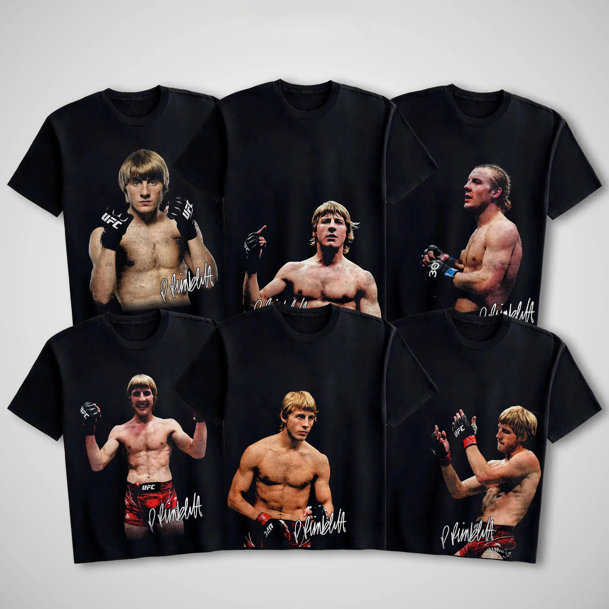 Retro Bootleg UFC Fighter Tee Collection Paddy Pimblett The Baddy Multiple Portrait Signature Print Black Cotton Crewneck Shirts Vintage 90s Combat Sports Streetwear For Fight Night MMA Enthusiasts