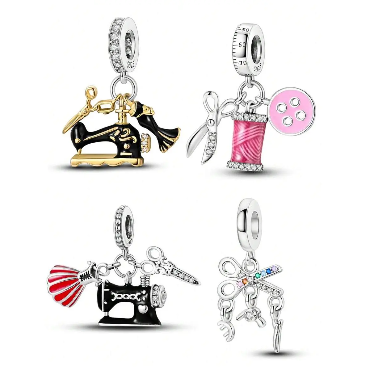 Silver Plated Charm Scissors Sewing Machine Button Clothes Pink Pendant Charm Pendant Ball Suitable For Bracelets DIY Women's Jewelry